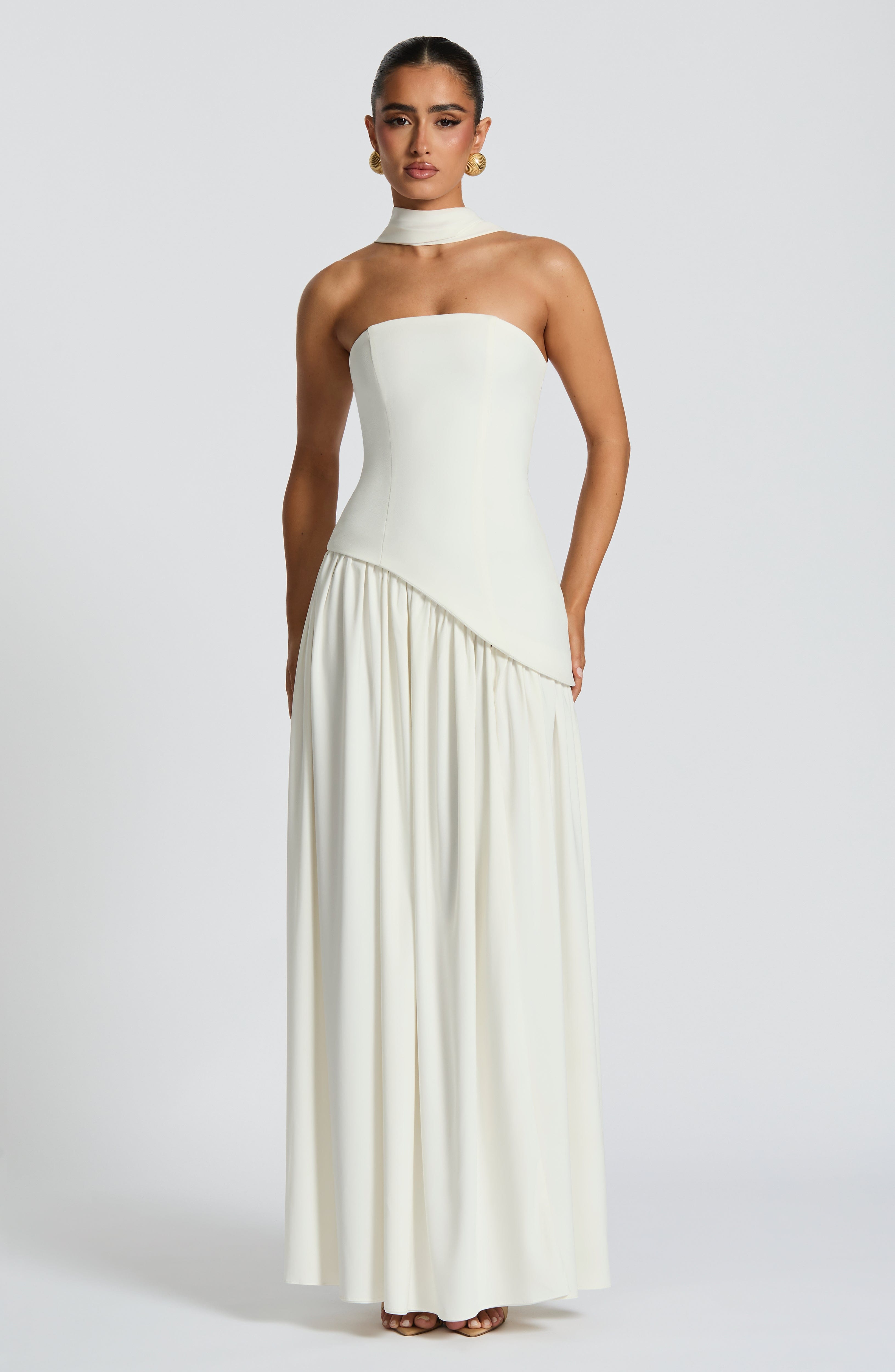 White Strapless Maxi Dress with Side Slit for Women - Maddalena