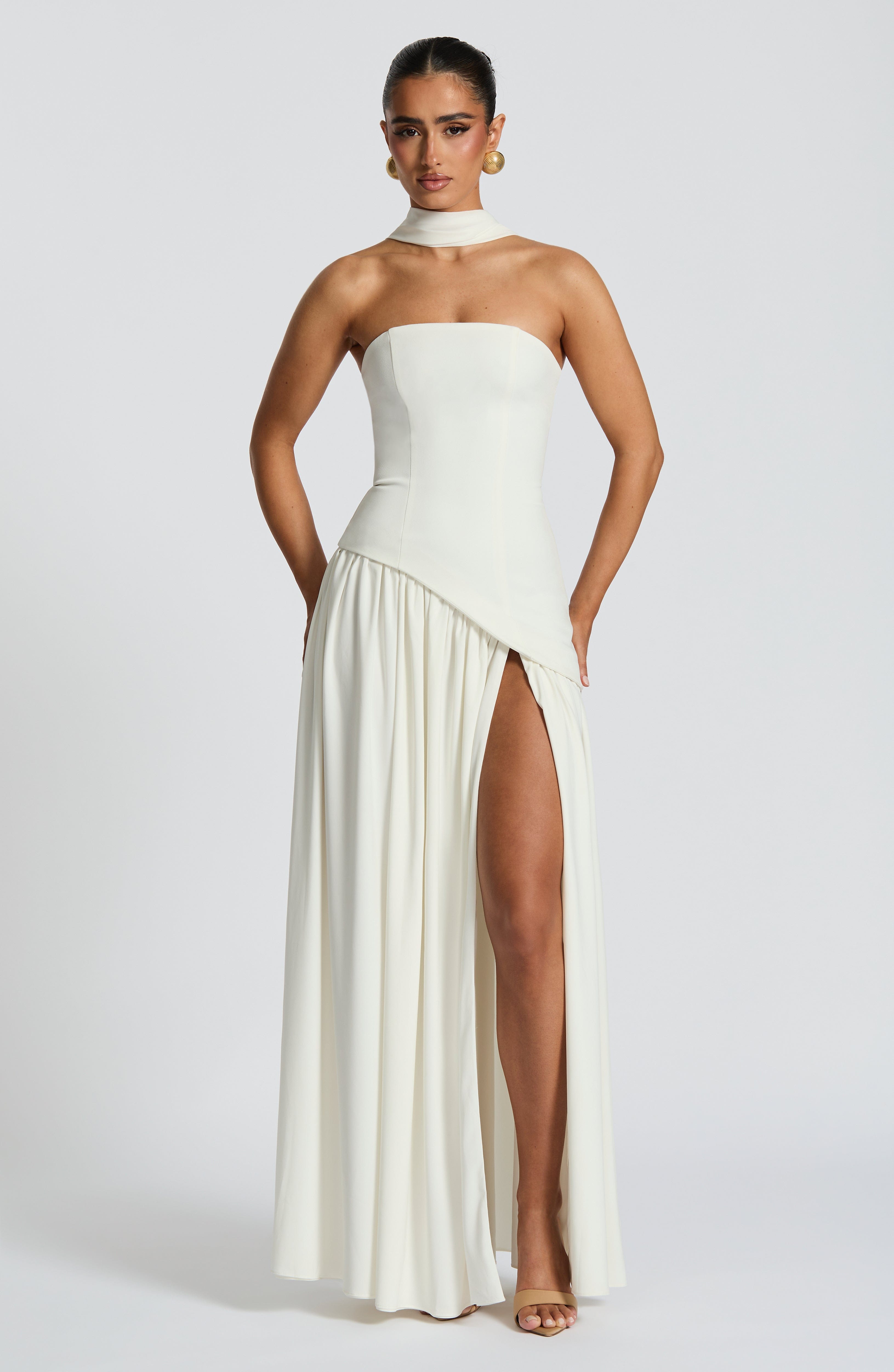 White Strapless Maxi Dress with Side Slit for Women - Maddalena