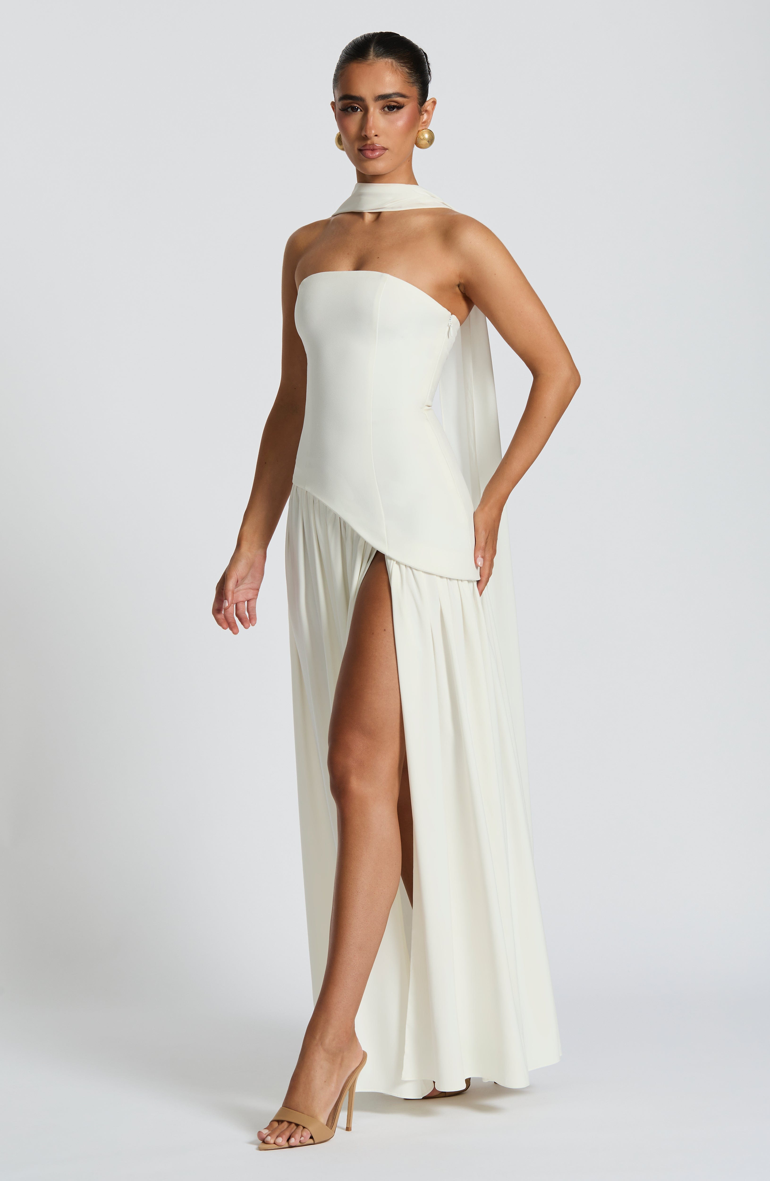 White Strapless Maxi Dress with Side Slit for Women - Maddalena
