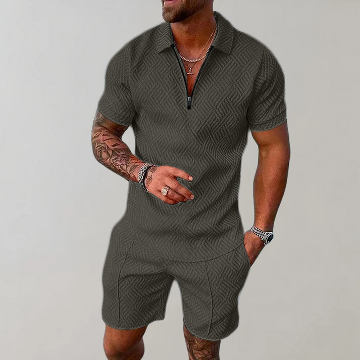 Men's Casual Quarter-Zip Polo and Shorts Set | Two-Piece