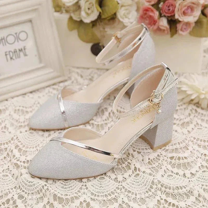 Women's Sparkly Evening Sandals with Ankle Strap | Pointed Toe