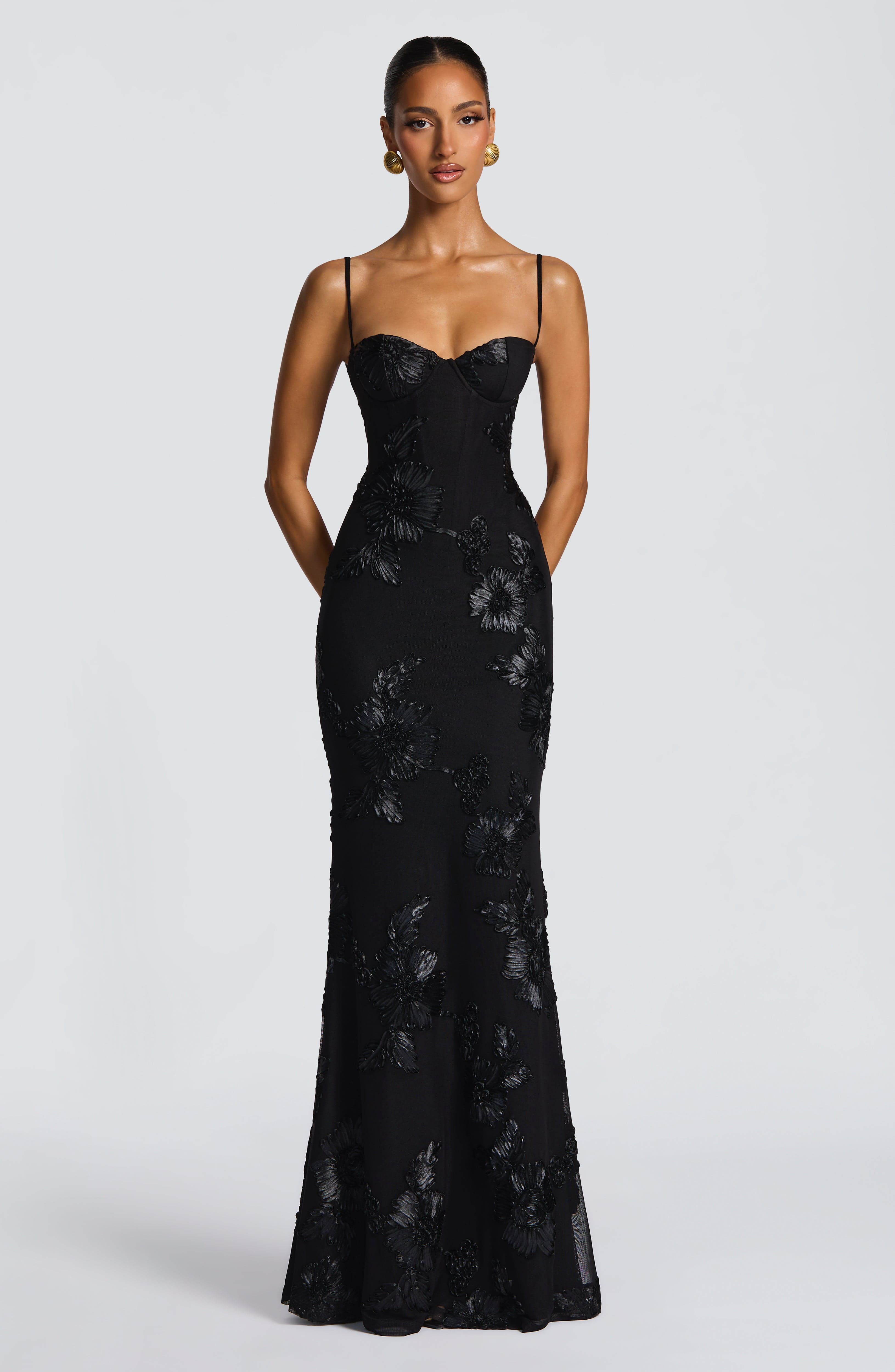 Black Floral Maxi Dress with Spaghetti Straps for Women - Romina