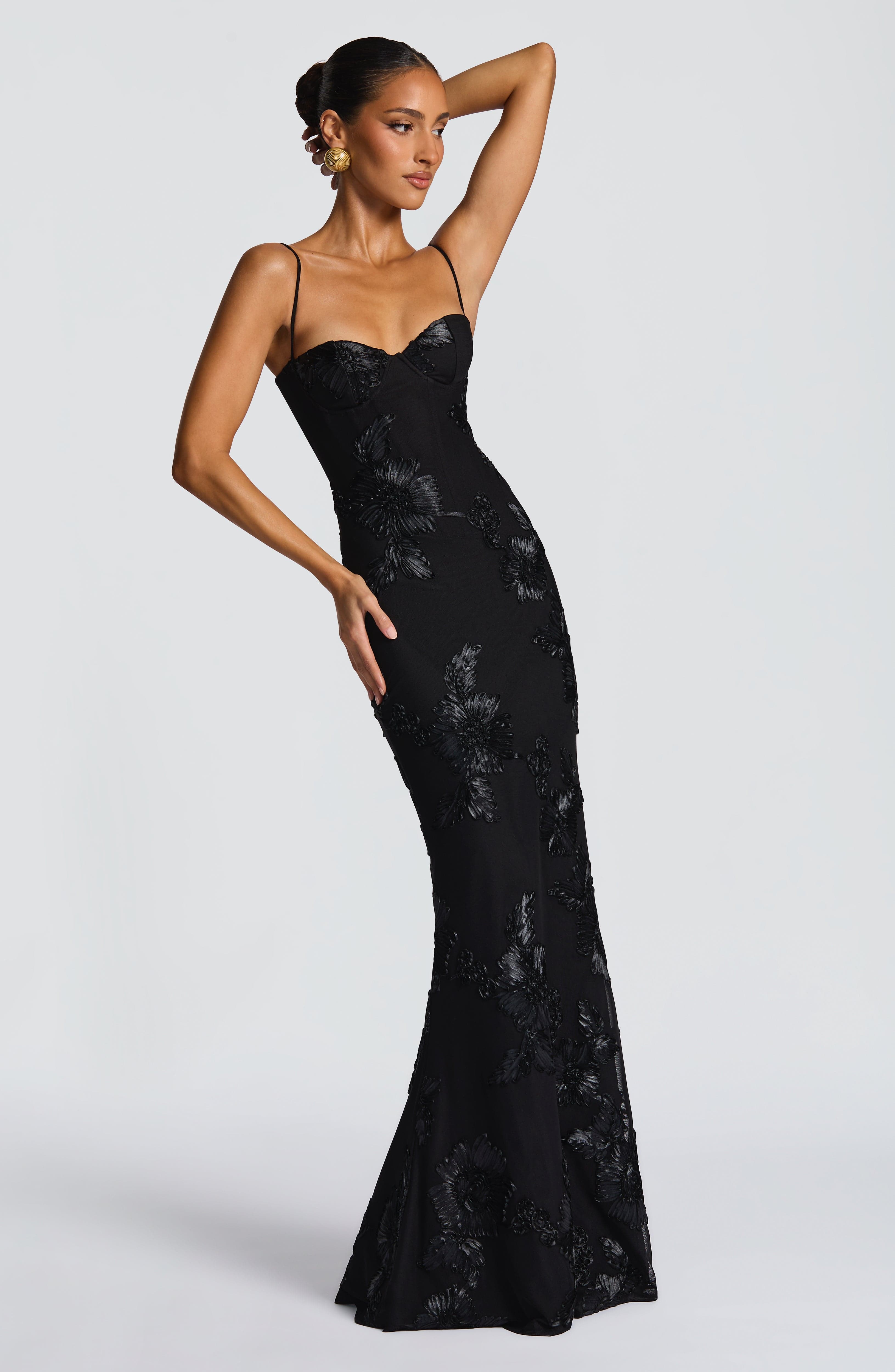 Black Floral Maxi Dress with Spaghetti Straps for Women - Romina