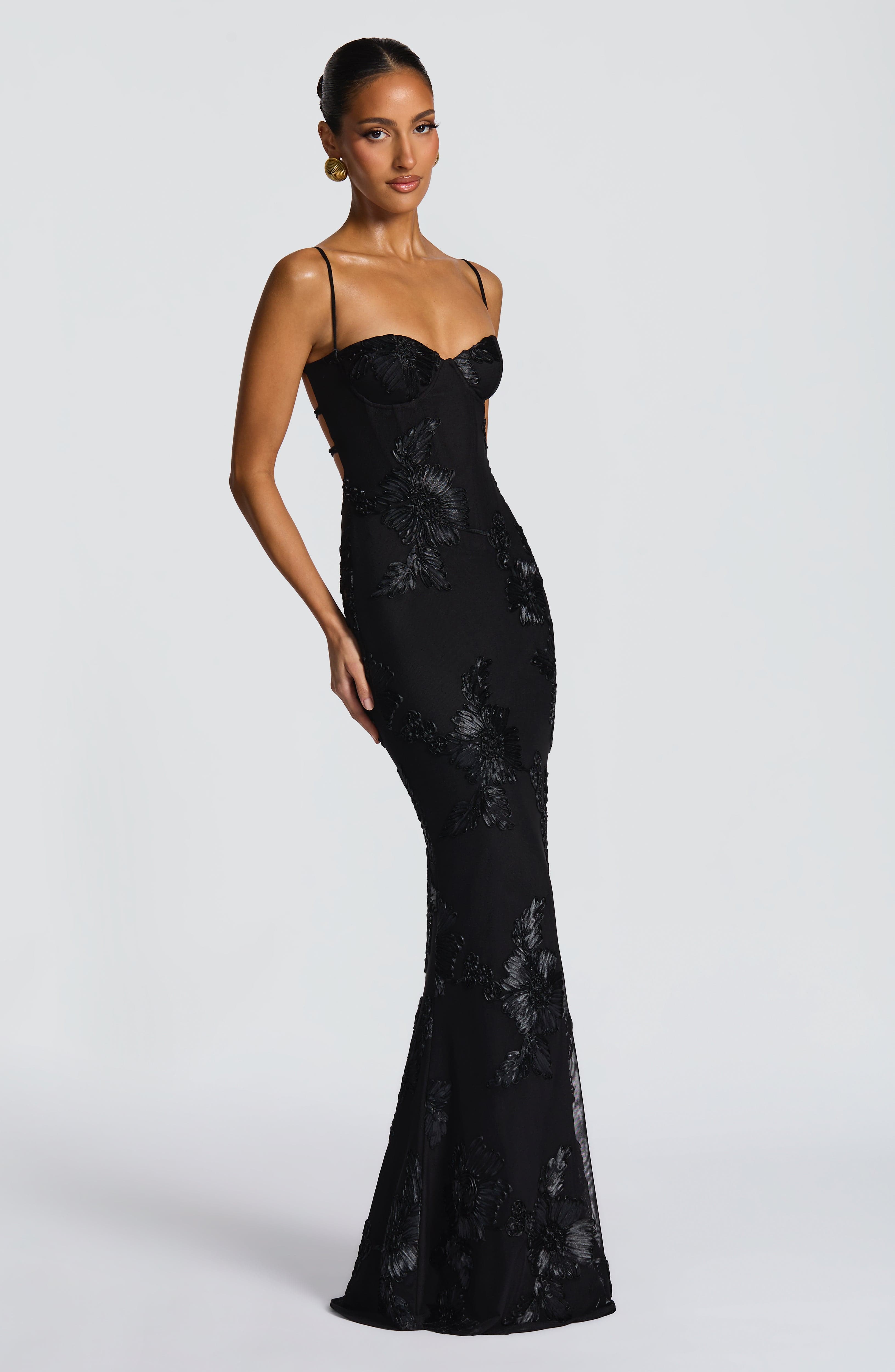 Black Floral Maxi Dress with Spaghetti Straps for Women - Romina
