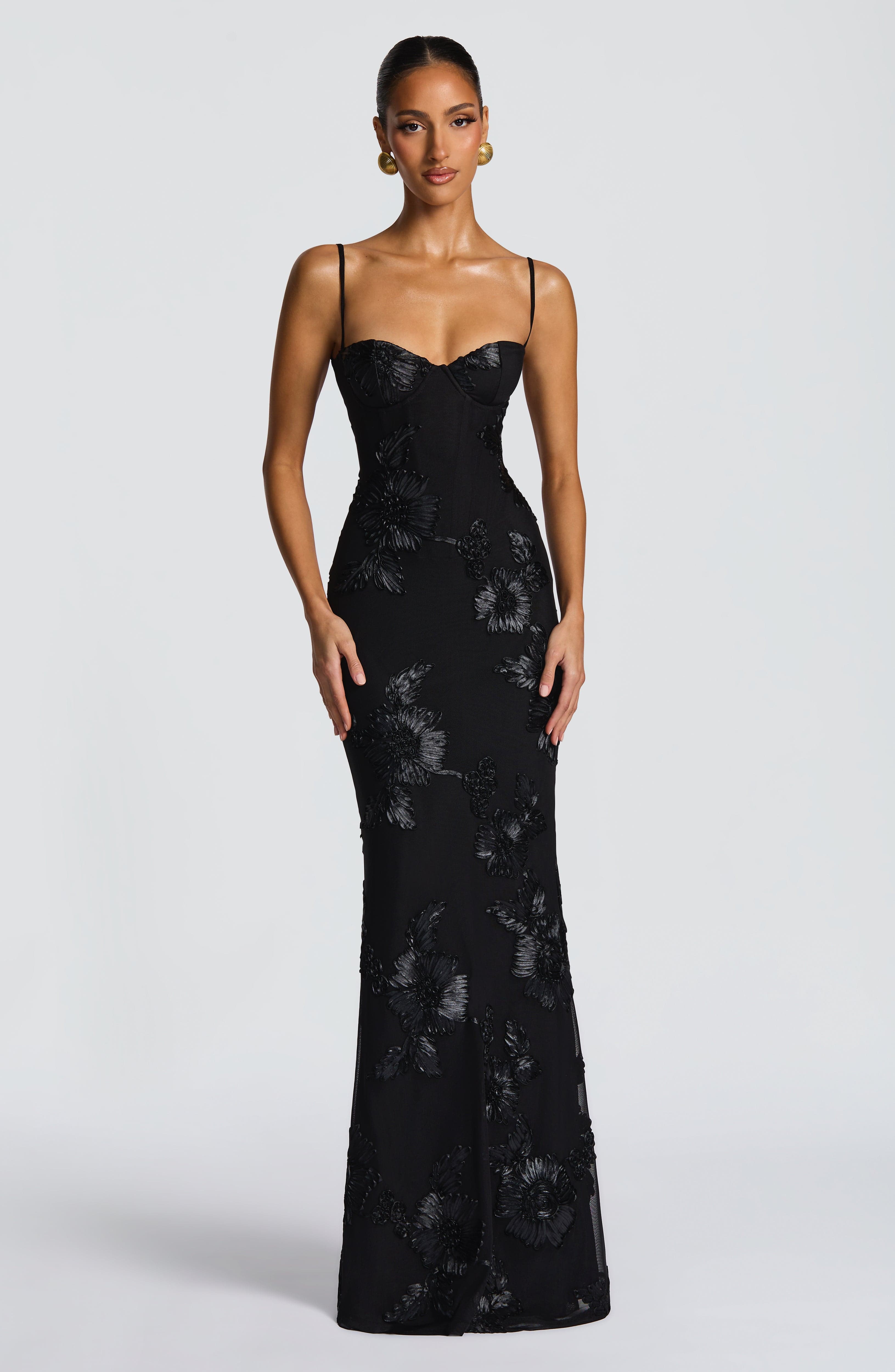 Black Floral Maxi Dress with Spaghetti Straps for Women - Romina