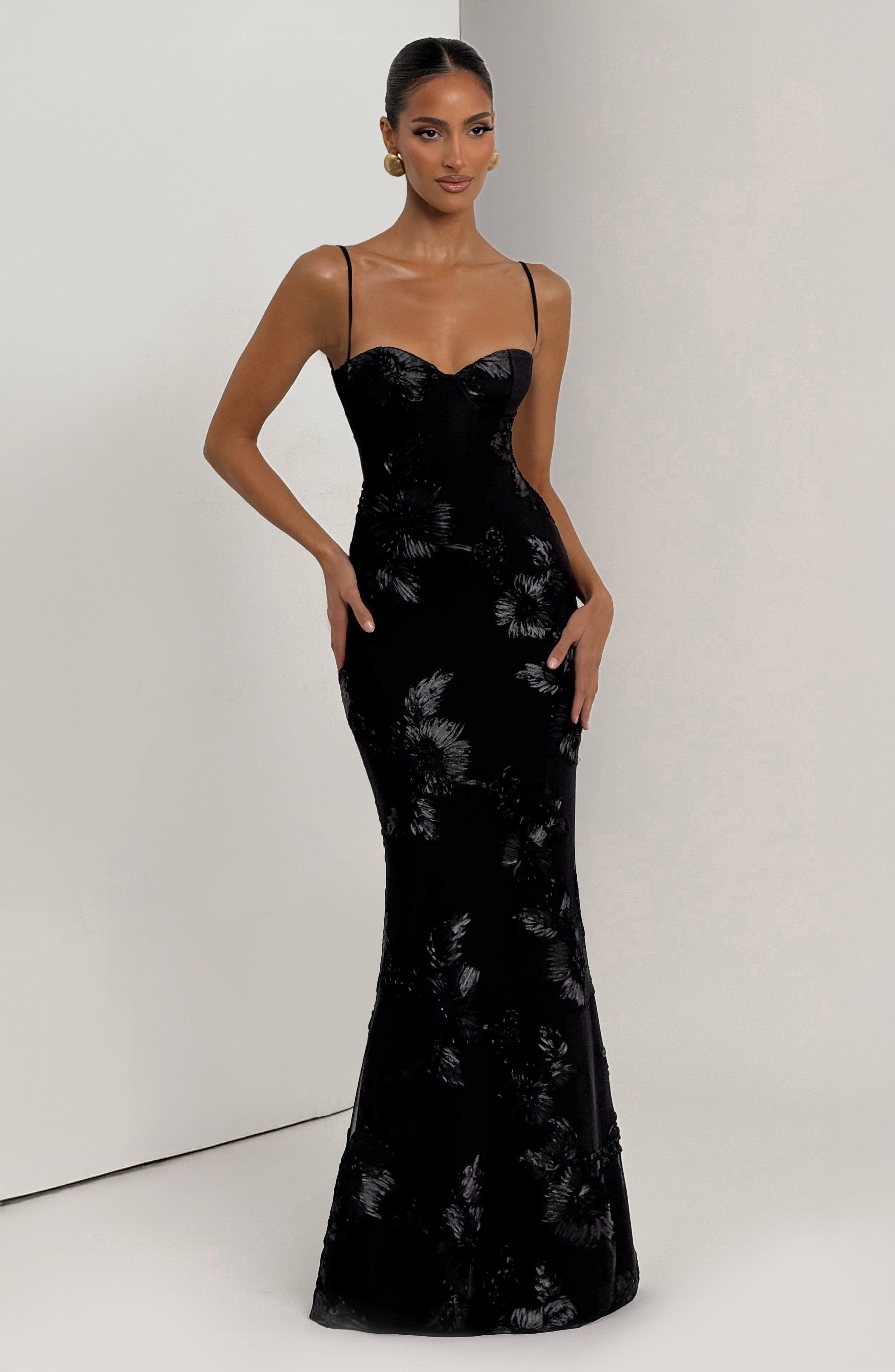 Black Floral Maxi Dress with Spaghetti Straps for Women - Romina