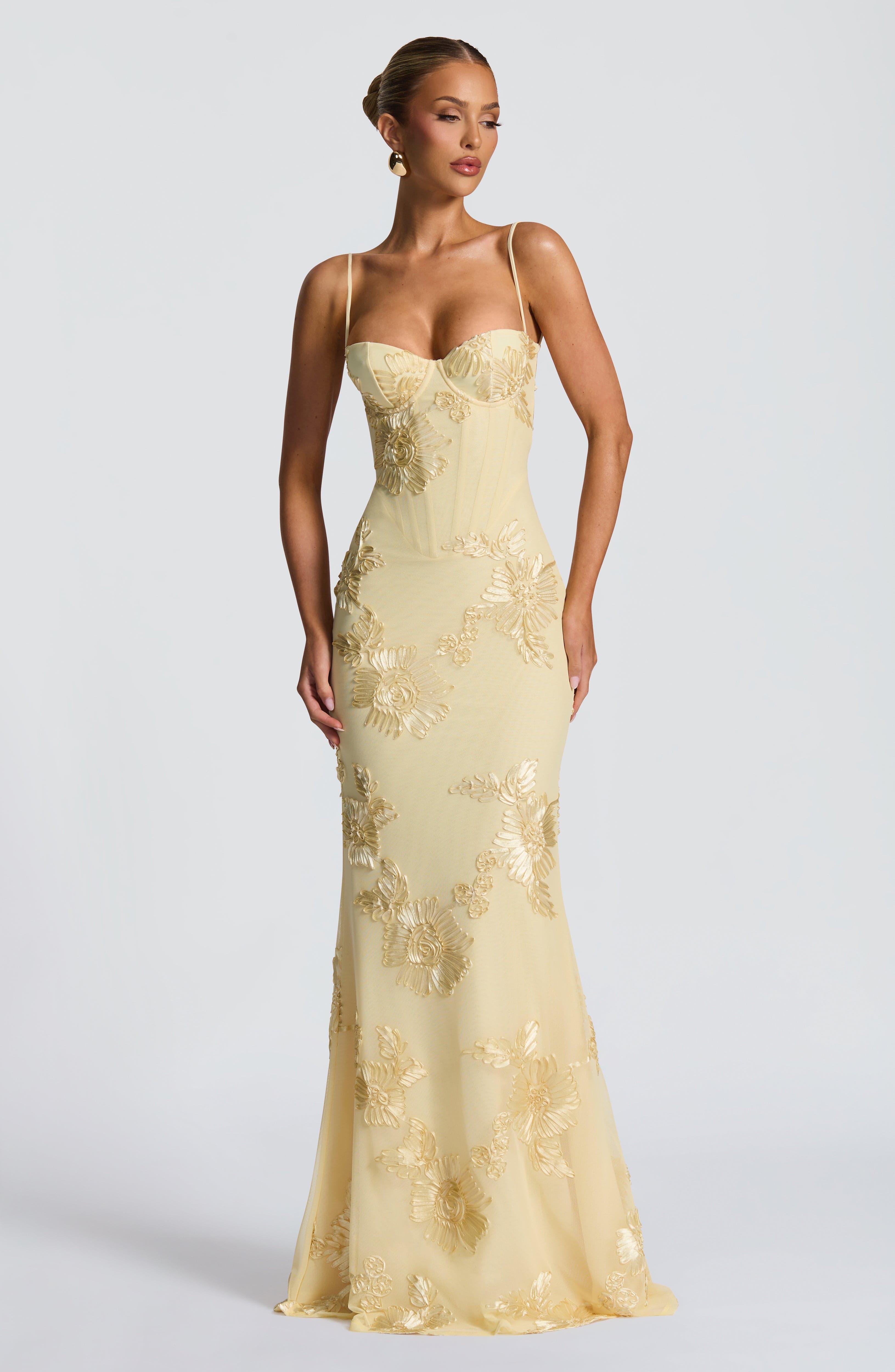 Yellow Floral Maxi Dress with Spaghetti Straps for Women - Gigliola