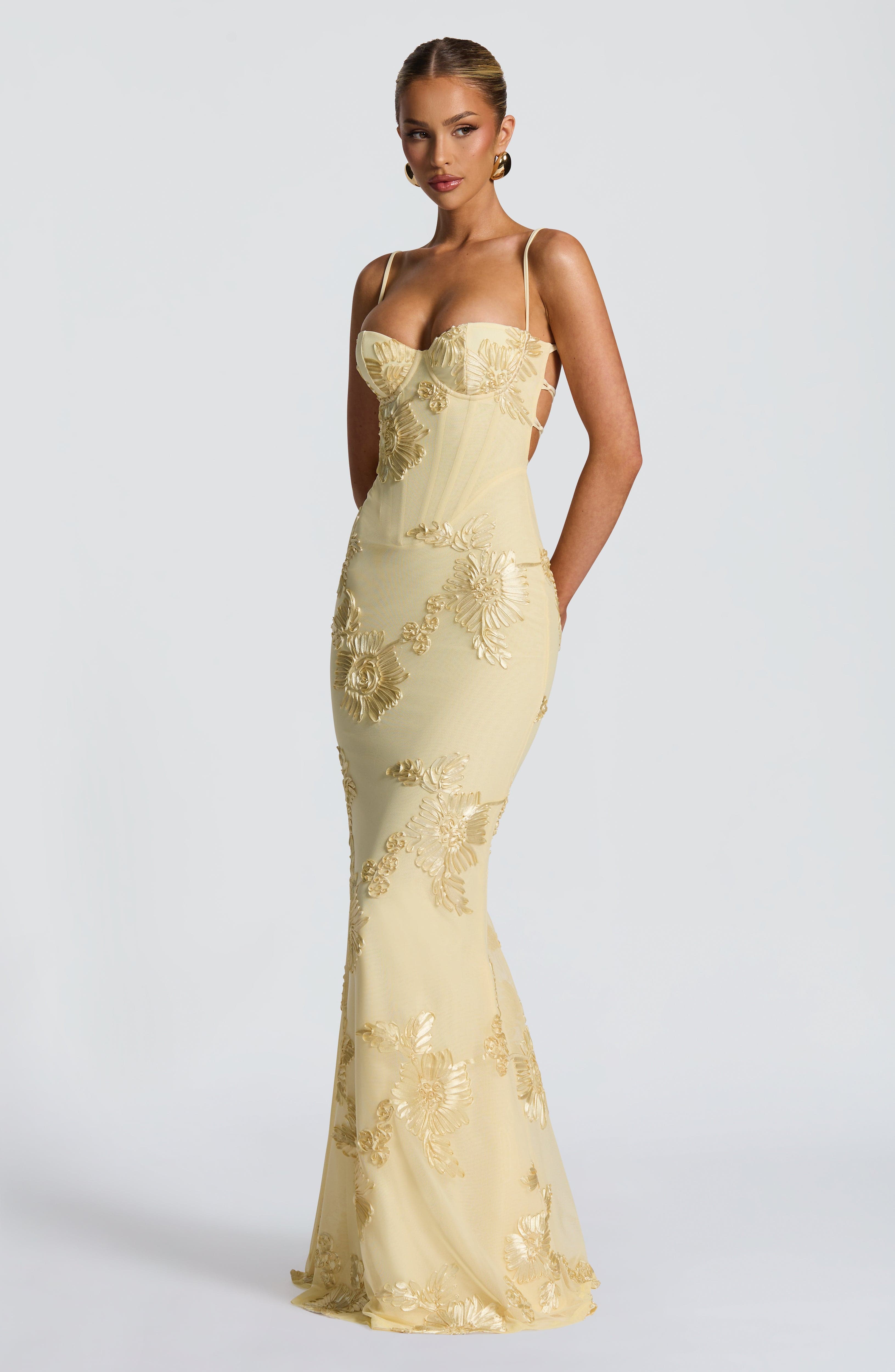 Yellow Floral Maxi Dress with Spaghetti Straps for Women - Gigliola