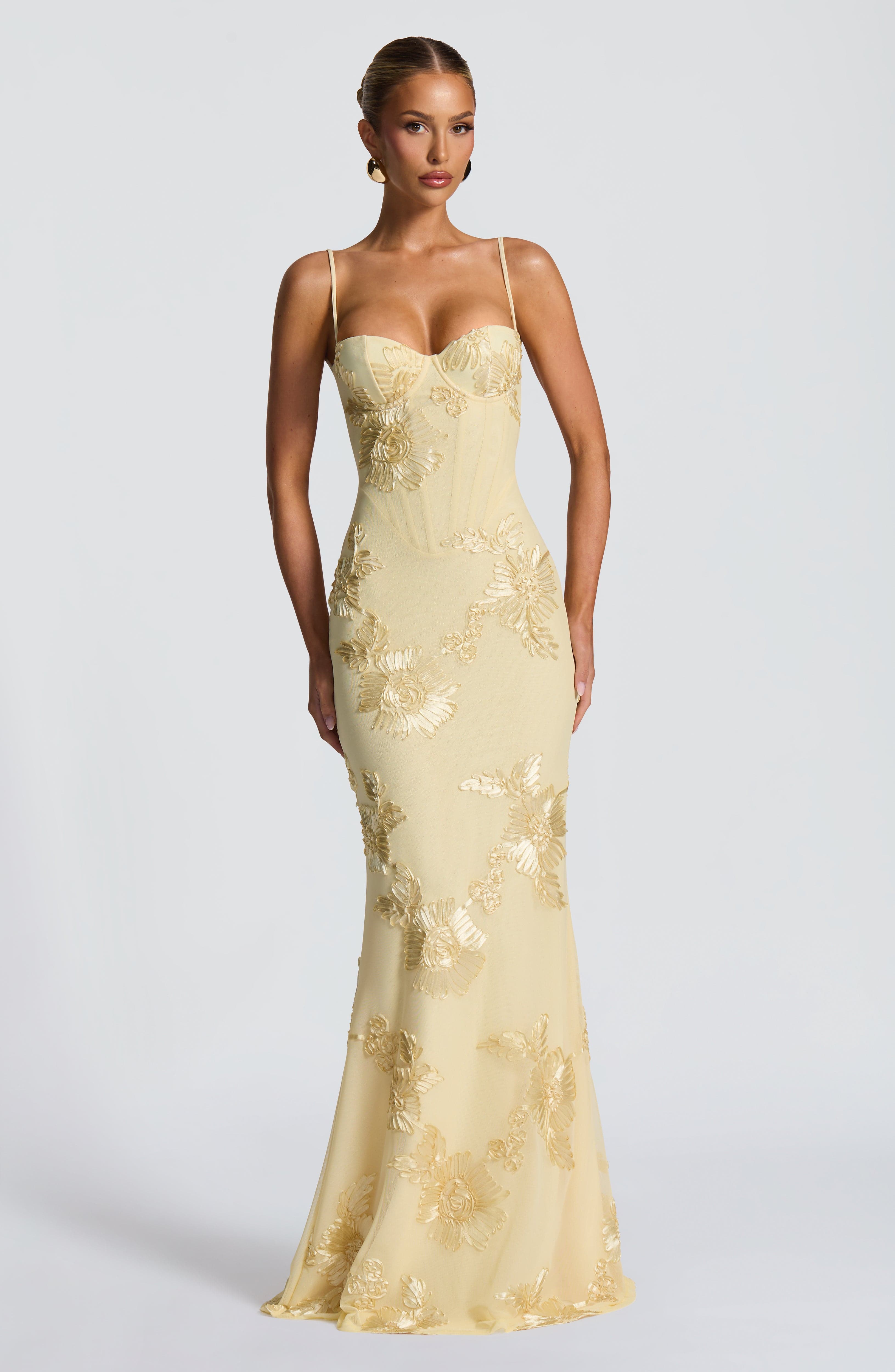 Yellow Floral Maxi Dress with Spaghetti Straps for Women - Gigliola