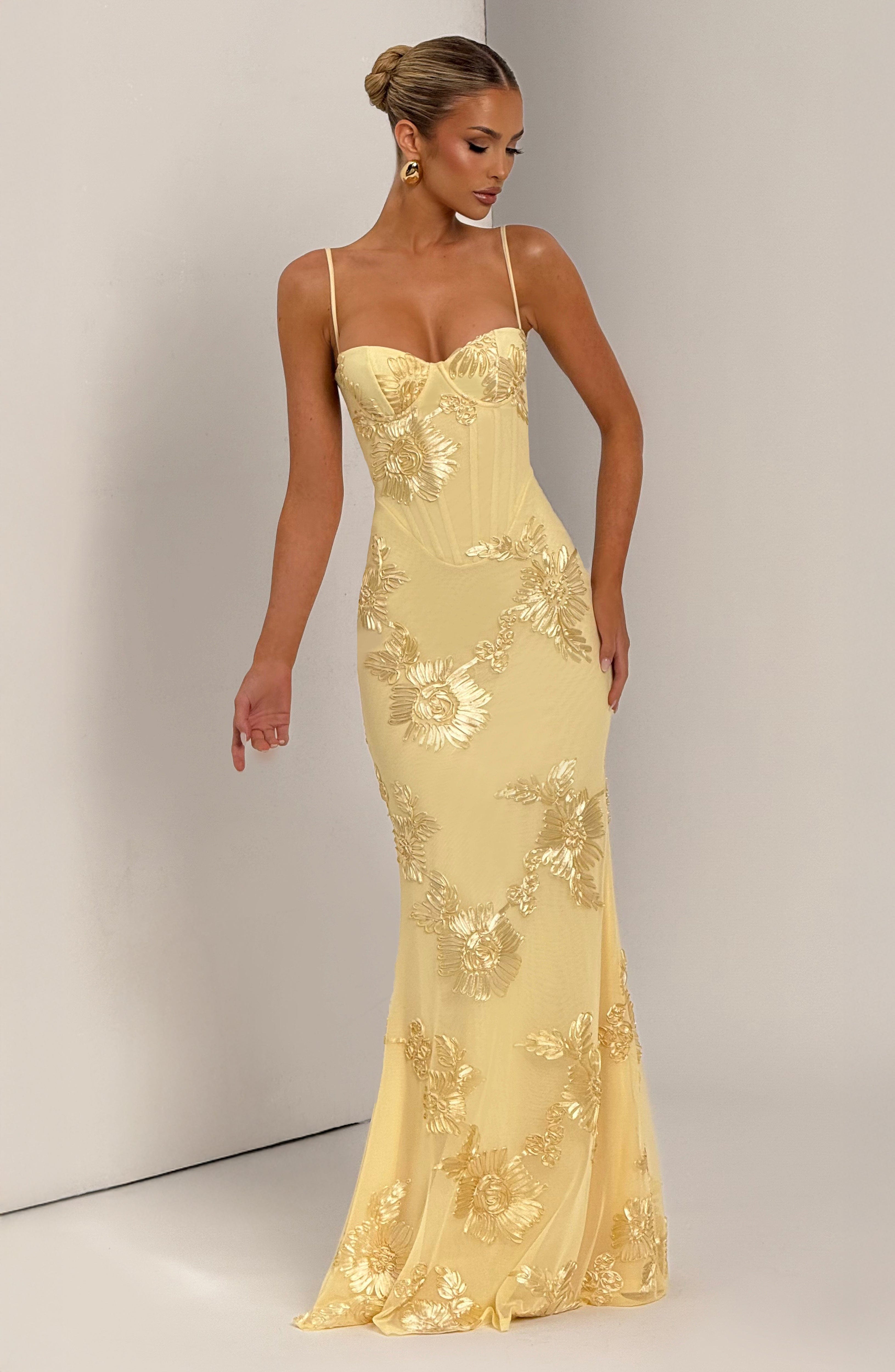 Yellow Floral Maxi Dress with Spaghetti Straps for Women - Gigliola