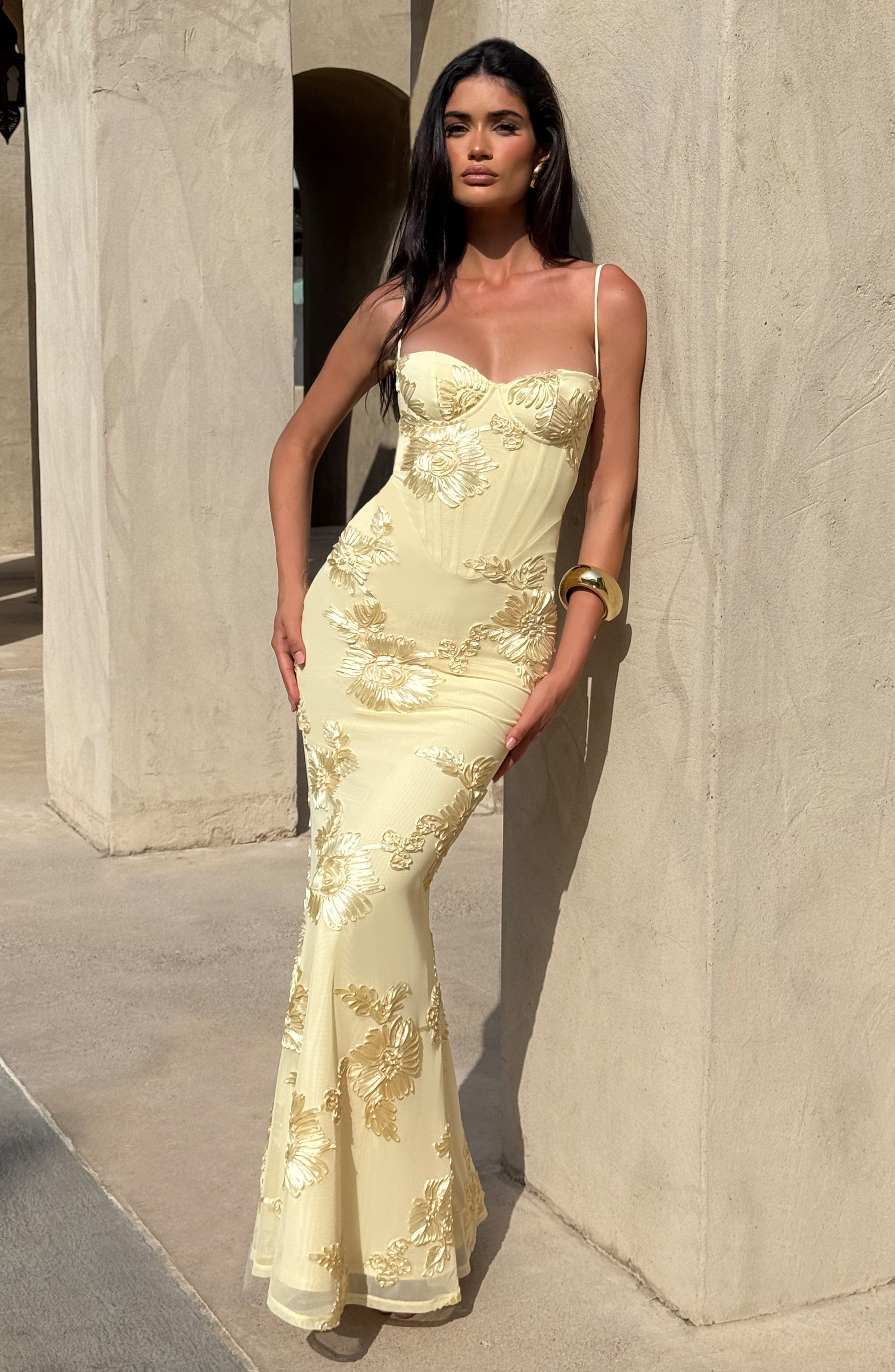 Yellow Floral Maxi Dress with Spaghetti Straps for Women - Gigliola