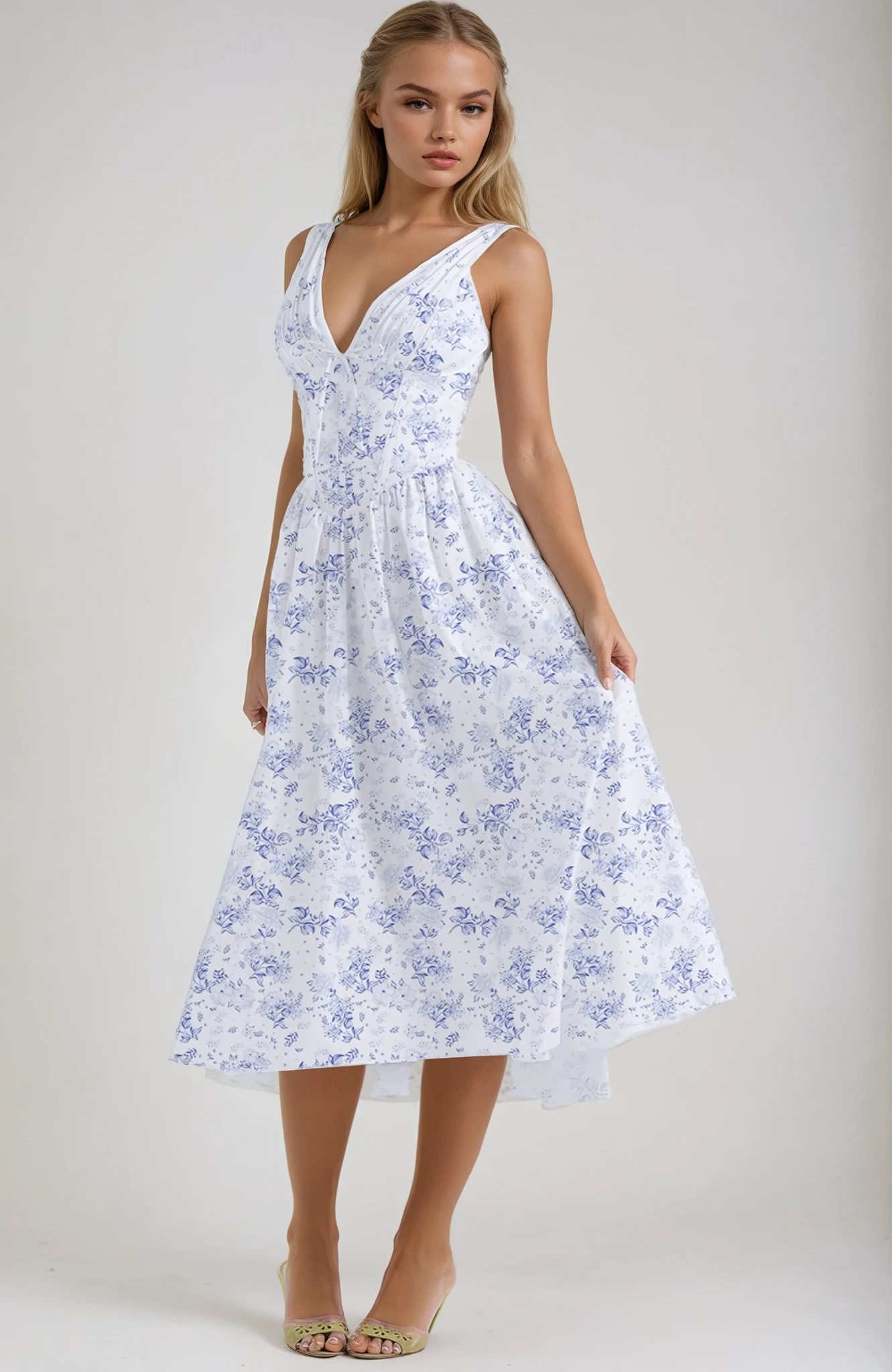 White Floral Midi Dress with Sleeveless V-Neck for Women - Selvaggia