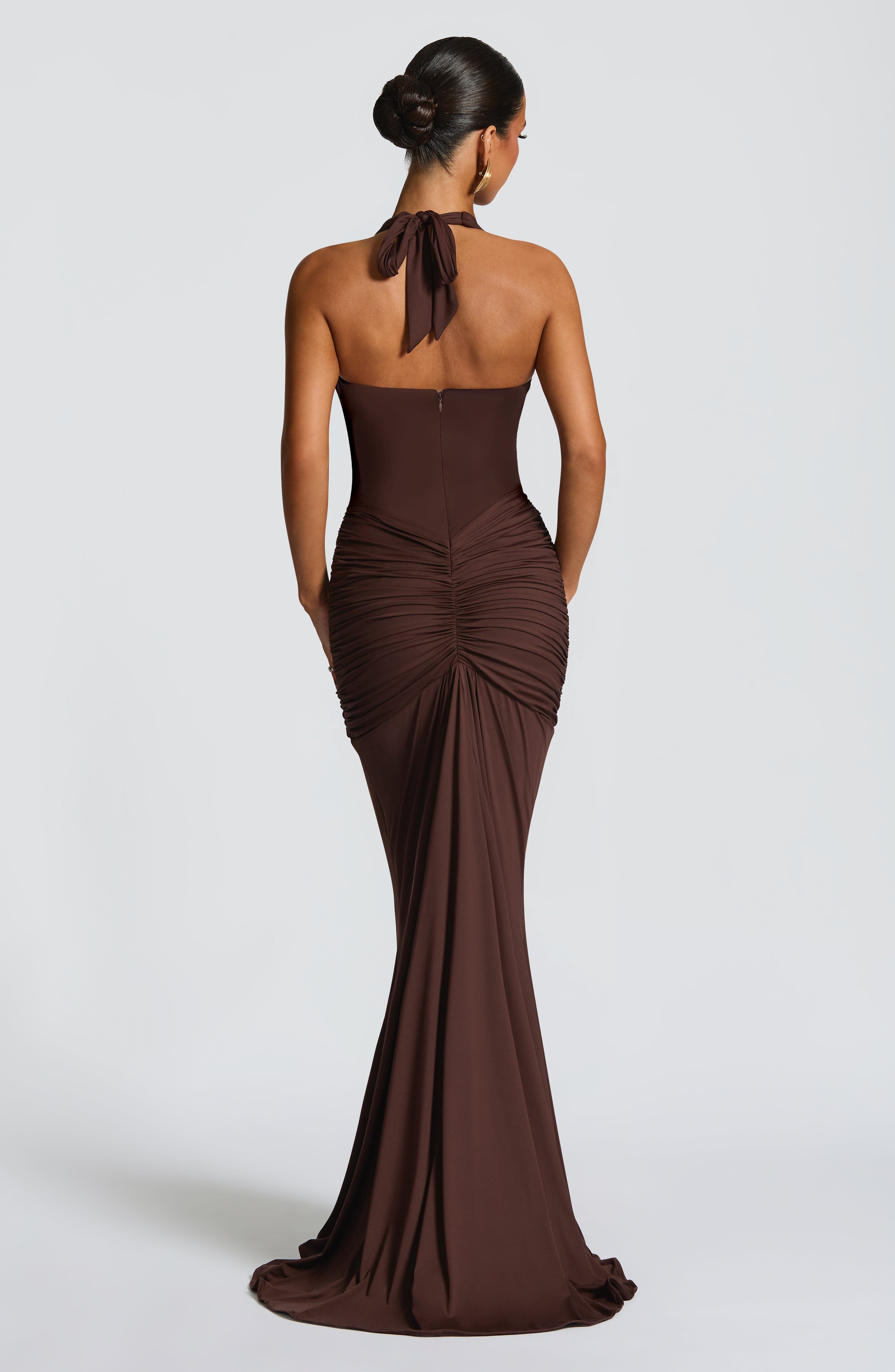 Plum Brown Halter Maxi Dress with Plunge Neckline for Women - Mirella