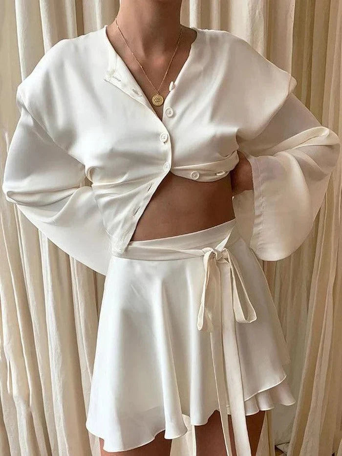 White Vintage Satin Lace Up Mini Skirt