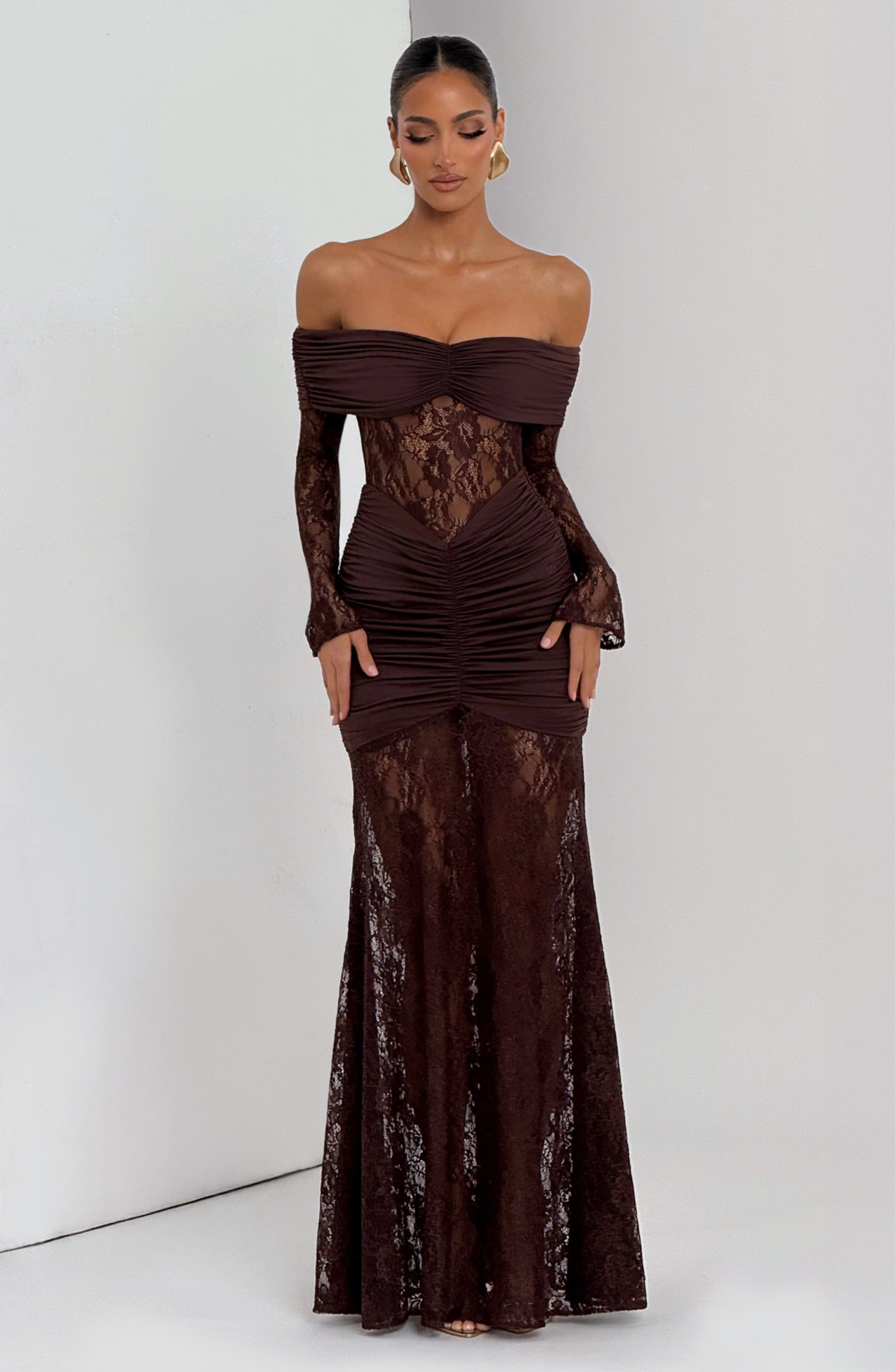 Brown Lace Maxi Dress with Off Shoulder for Women - Antonella