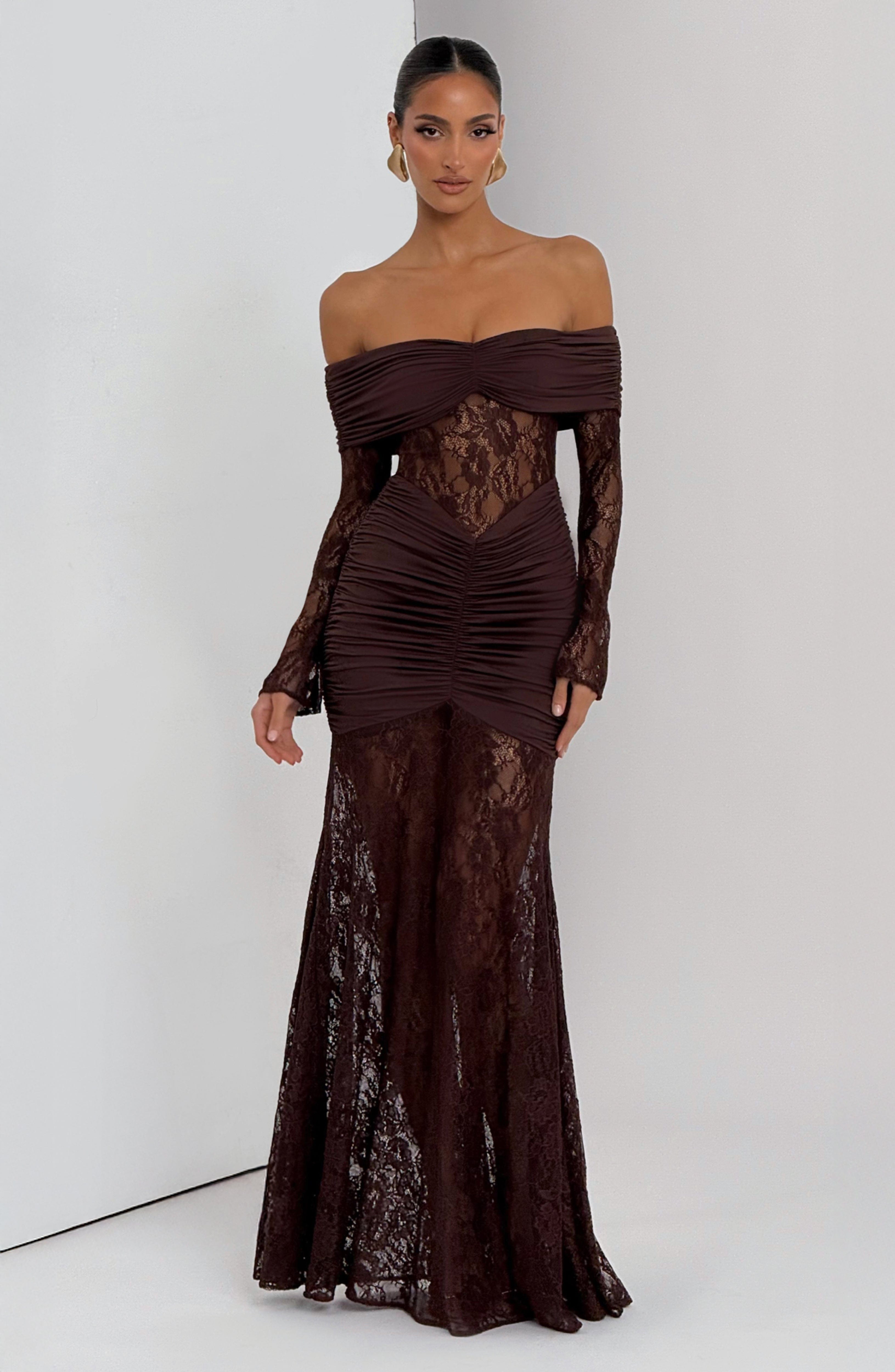 Brown Lace Maxi Dress with Off Shoulder for Women - Antonella