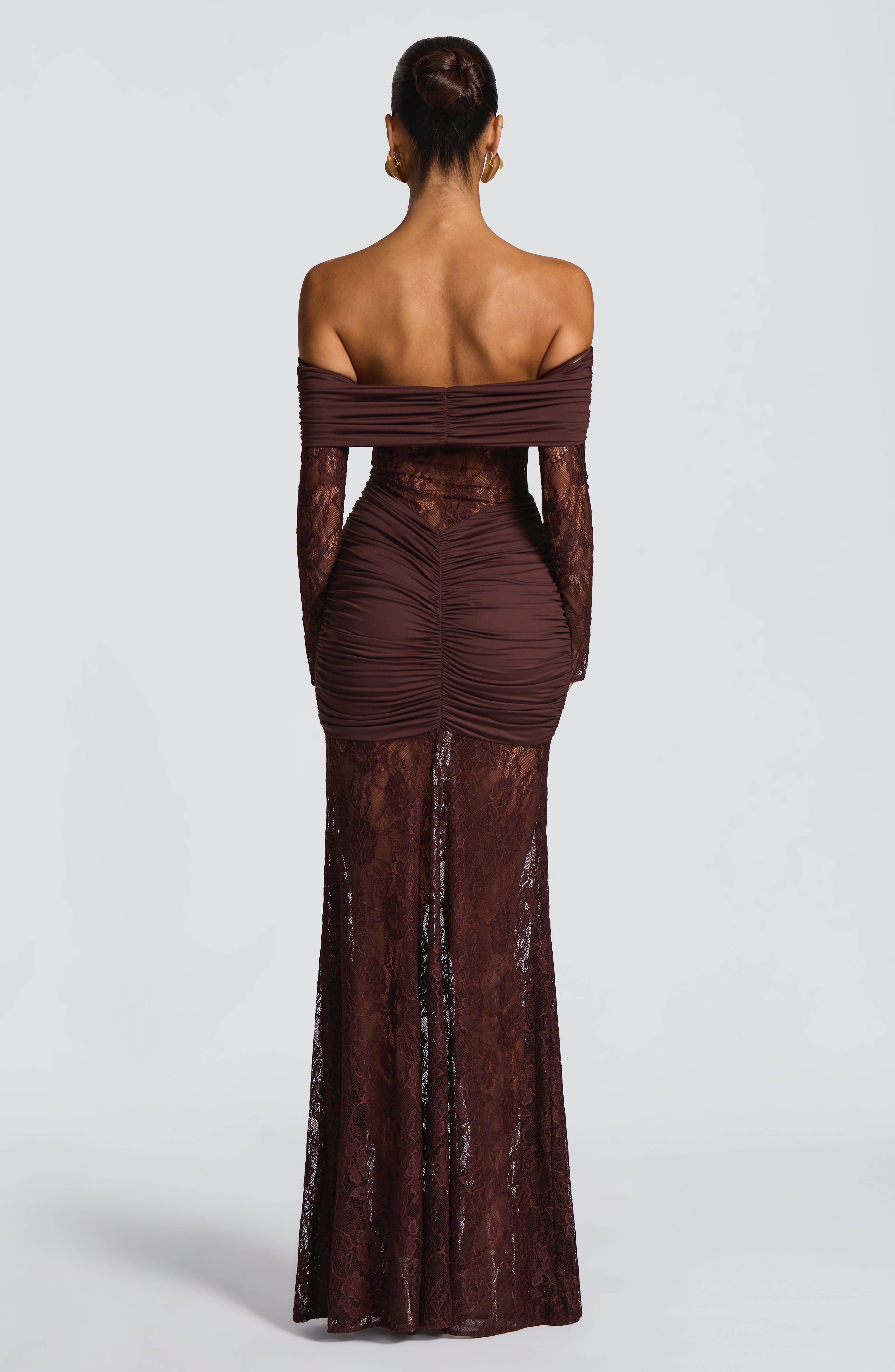 Brown Lace Maxi Dress with Off Shoulder for Women - Antonella