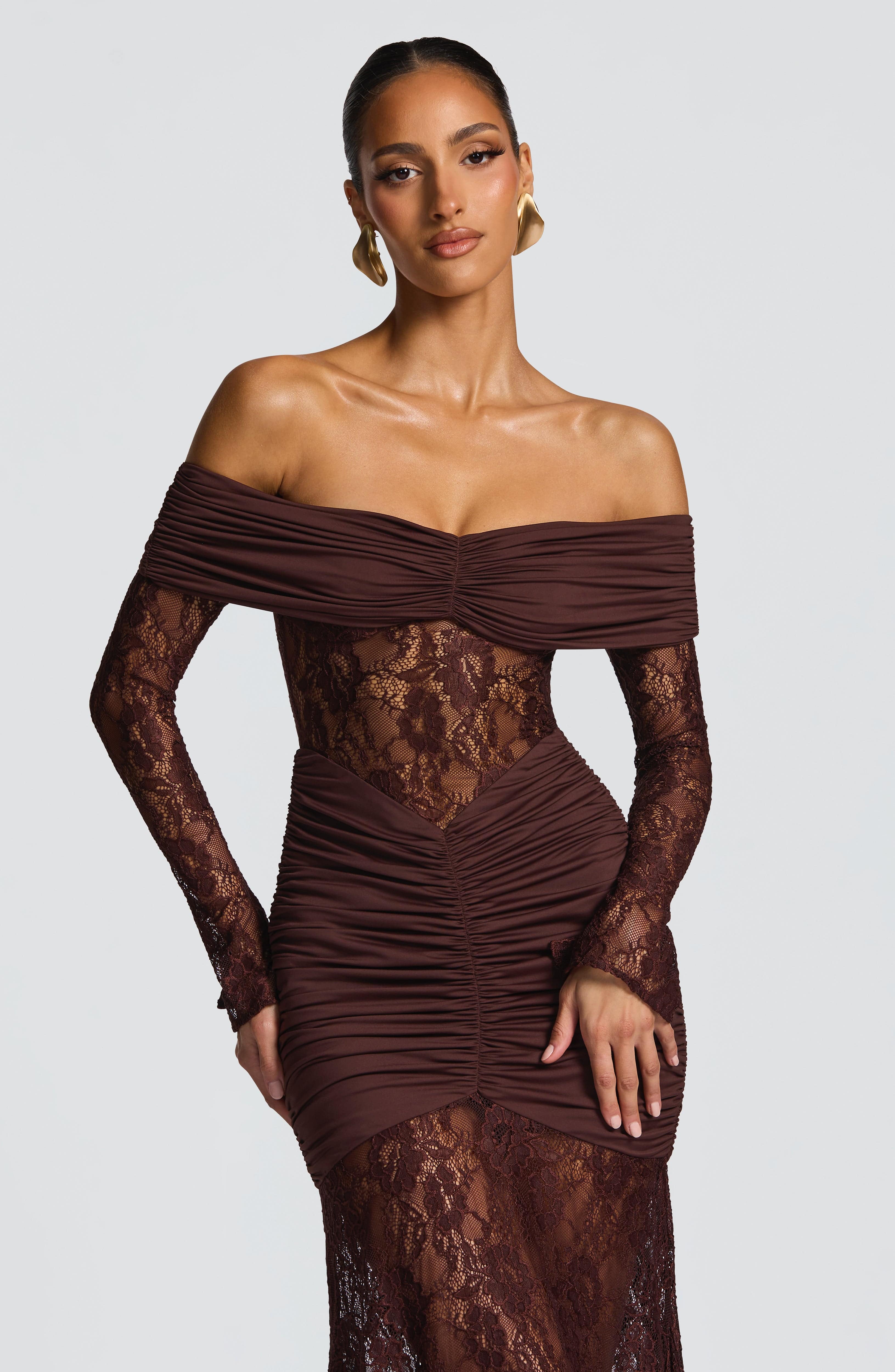 Brown Lace Maxi Dress with Off Shoulder for Women - Antonella