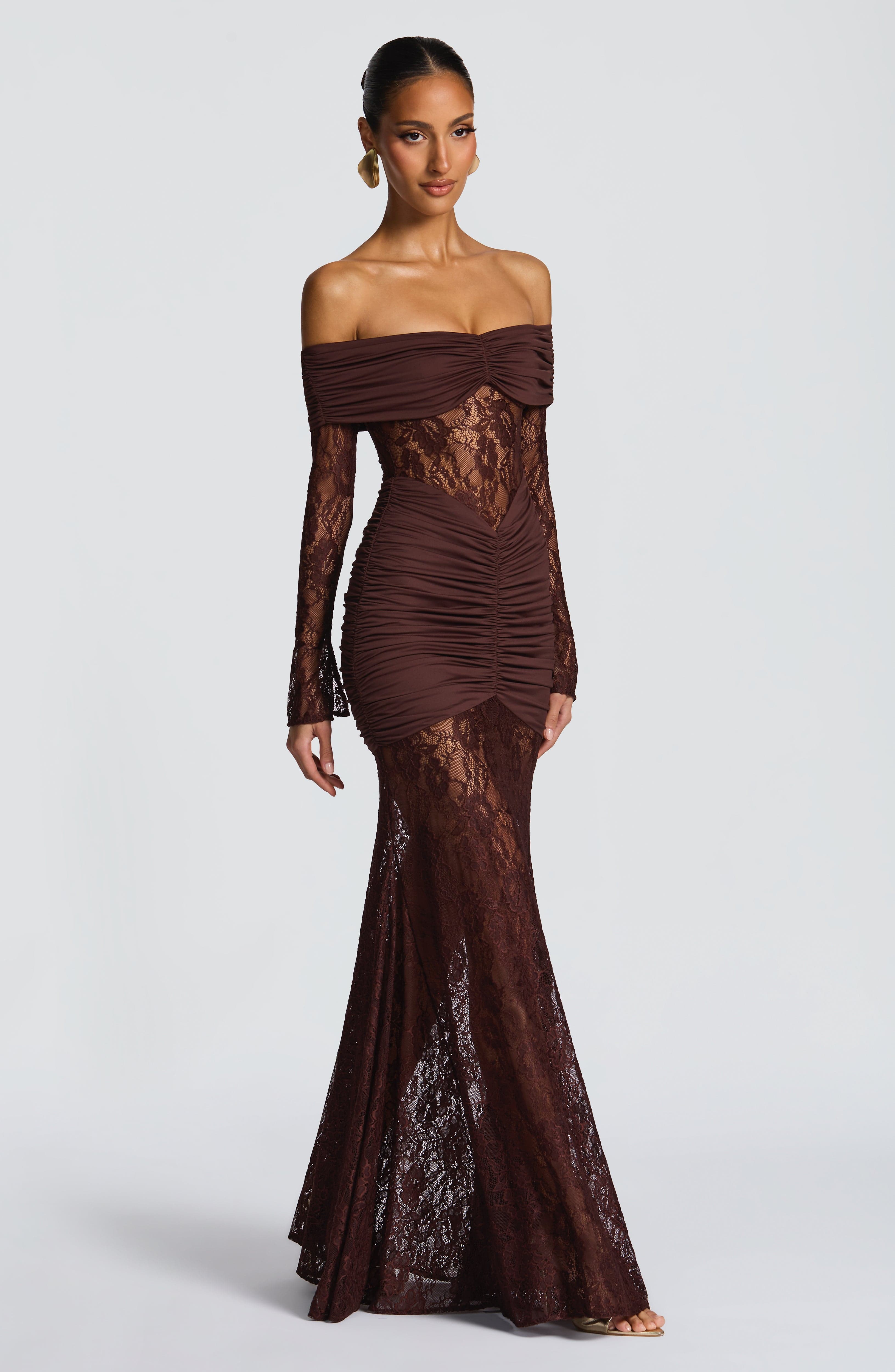 Brown Lace Maxi Dress with Off Shoulder for Women - Antonella