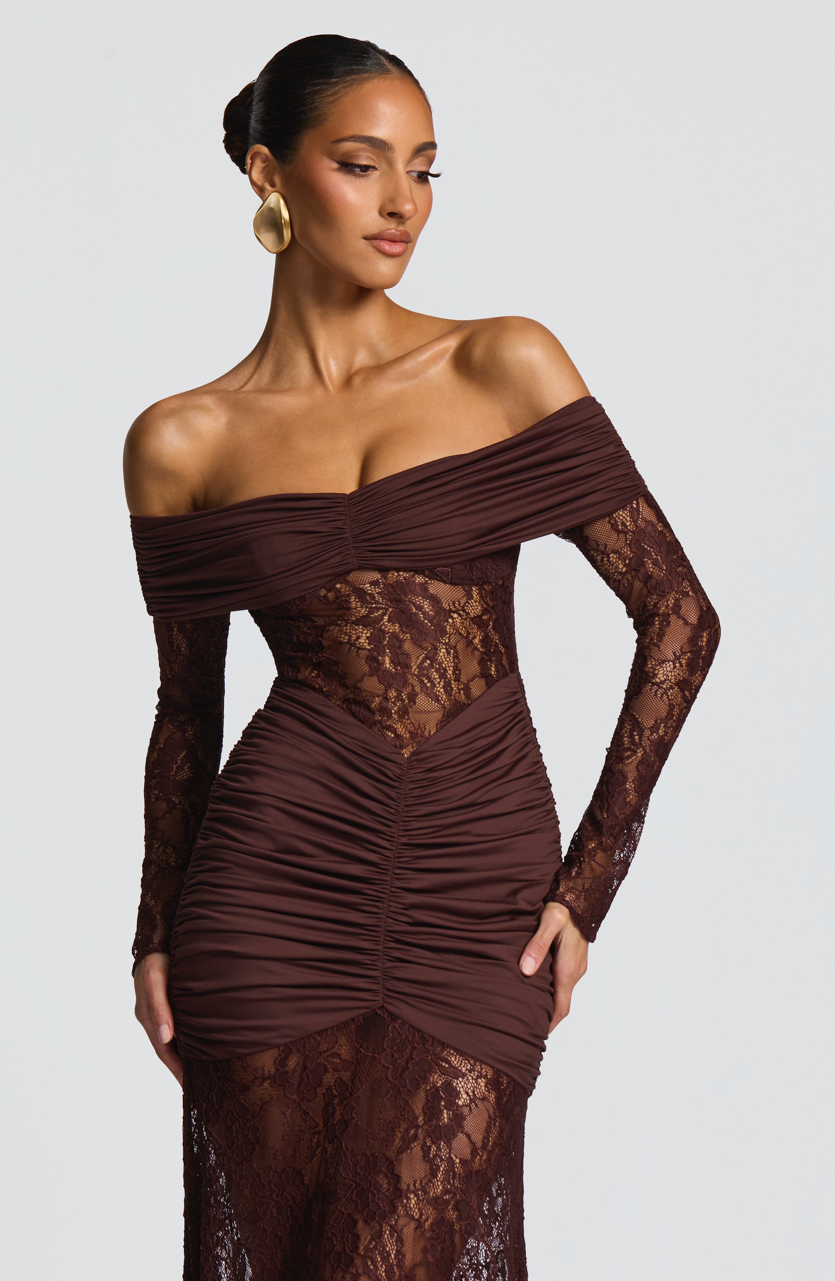 Brown Lace Maxi Dress with Off Shoulder for Women - Antonella