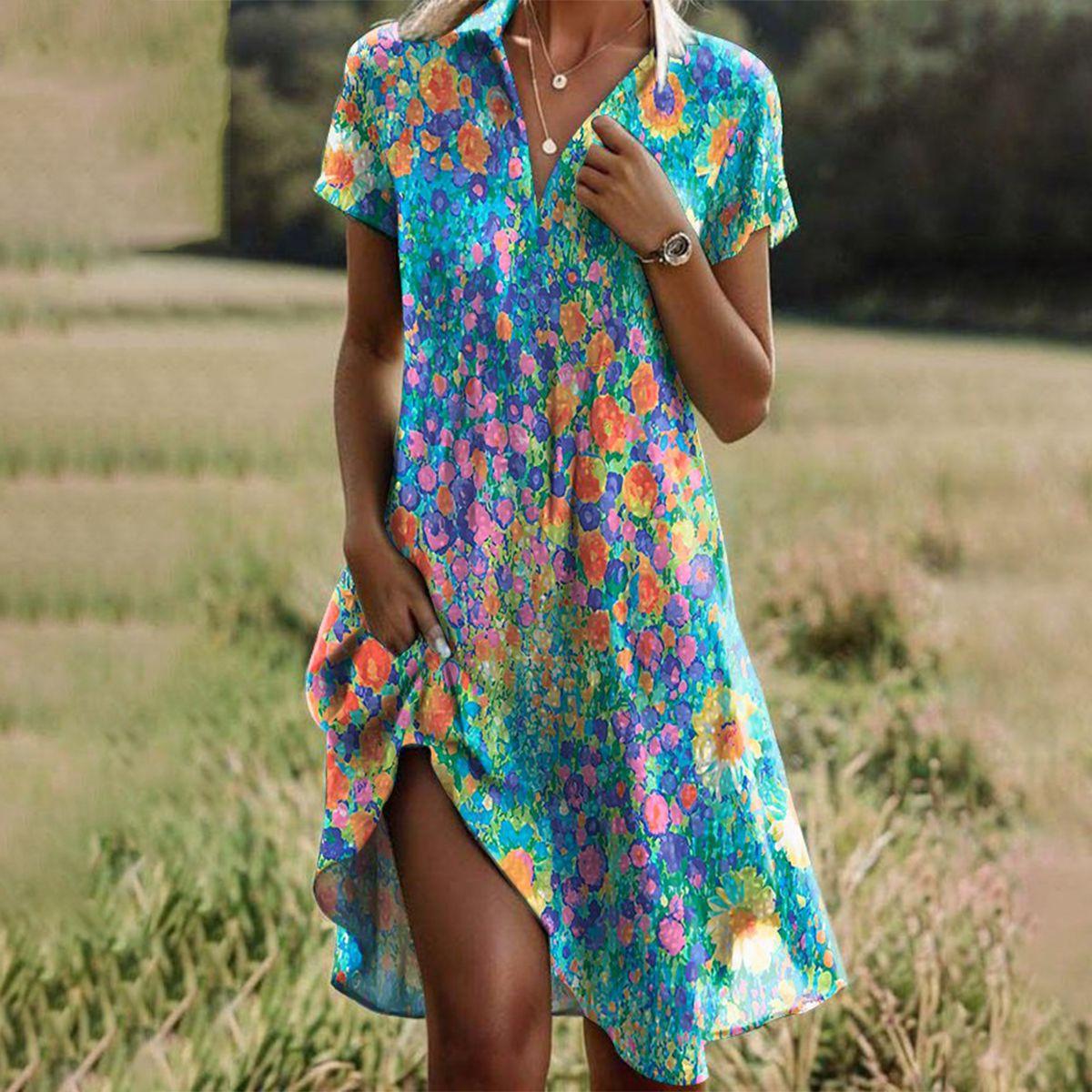 Women’s Boho Floral Print Shirt Dress | Short Sleeve