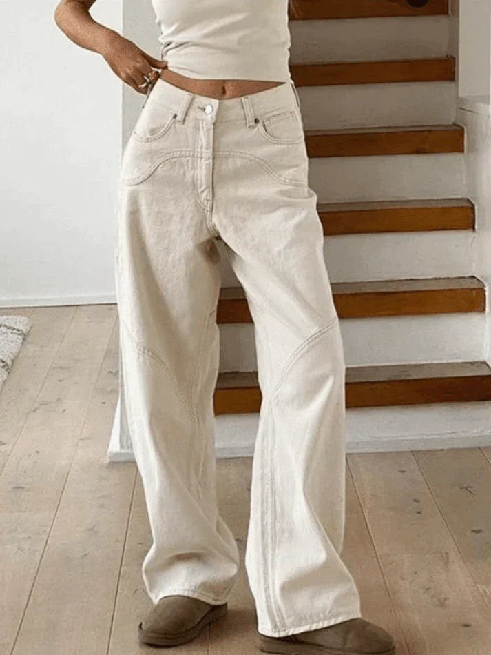 White Vintage Straight Leg Baggy Jeans with Splice Detail