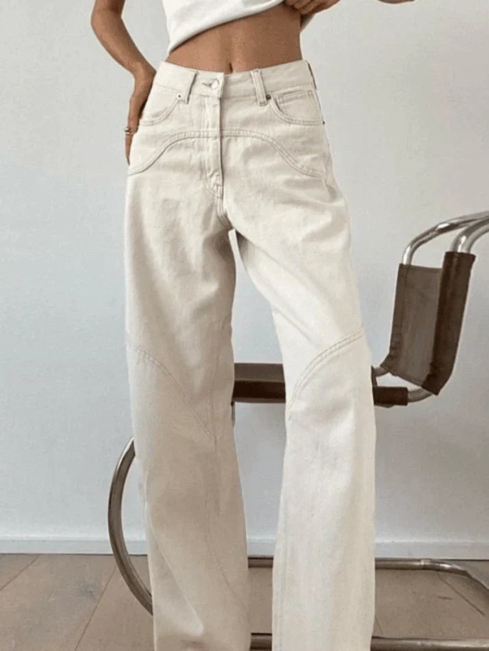 White Vintage Straight Leg Baggy Jeans with Splice Detail
