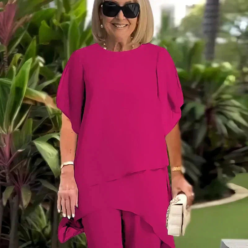 Women's Two-Piece Formal Set | Asymmetrical Layered Top and Wide-Leg Pants