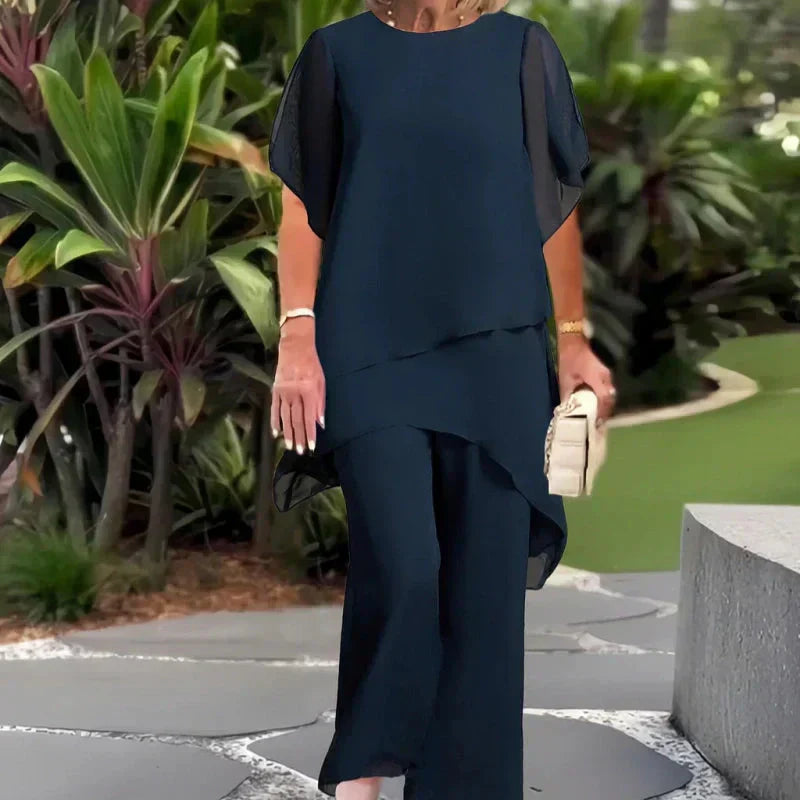 Women's Two-Piece Formal Set | Asymmetrical Layered Top and Wide-Leg Pants