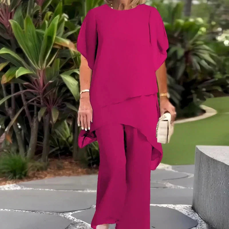 Women's Two-Piece Formal Set | Asymmetrical Layered Top and Wide-Leg Pants
