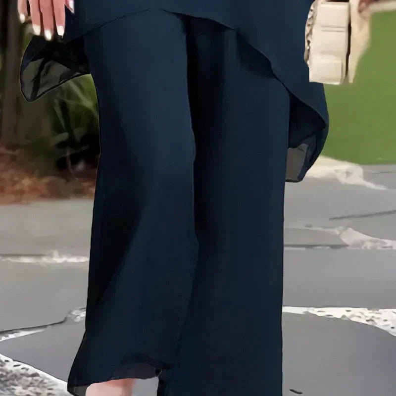 Women's Two-Piece Formal Set | Asymmetrical Layered Top and Wide-Leg Pants