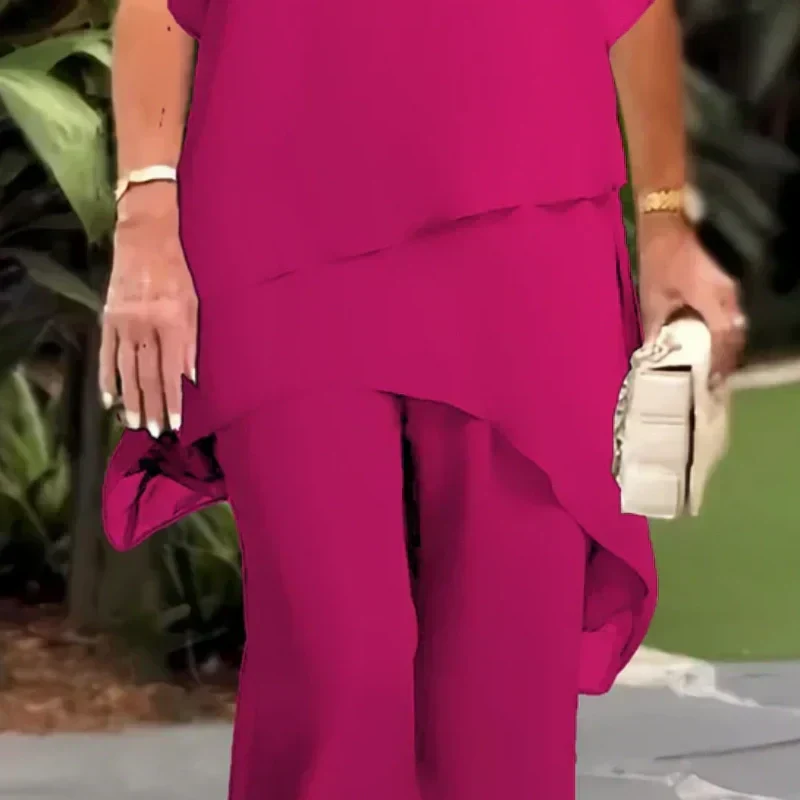 Women's Two-Piece Formal Set | Asymmetrical Layered Top and Wide-Leg Pants