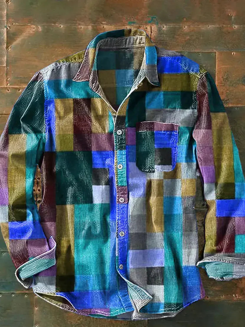 Men's Long Sleeve Colorful Checkered Shirt