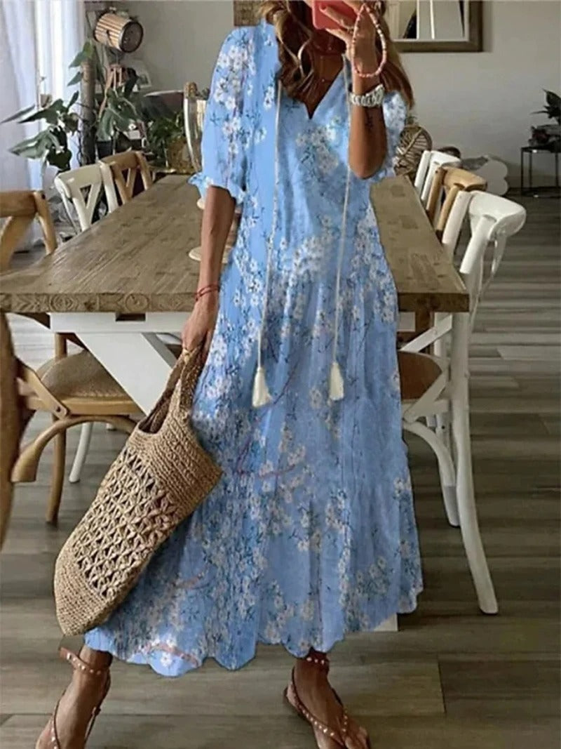 Women's Short Sleeve V-Neck Bohemian Maxi Summer Dress