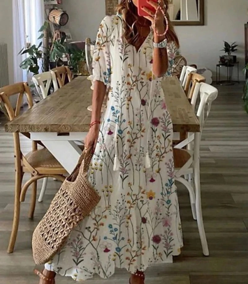 Women's Short Sleeve V-Neck Bohemian Maxi Summer Dress