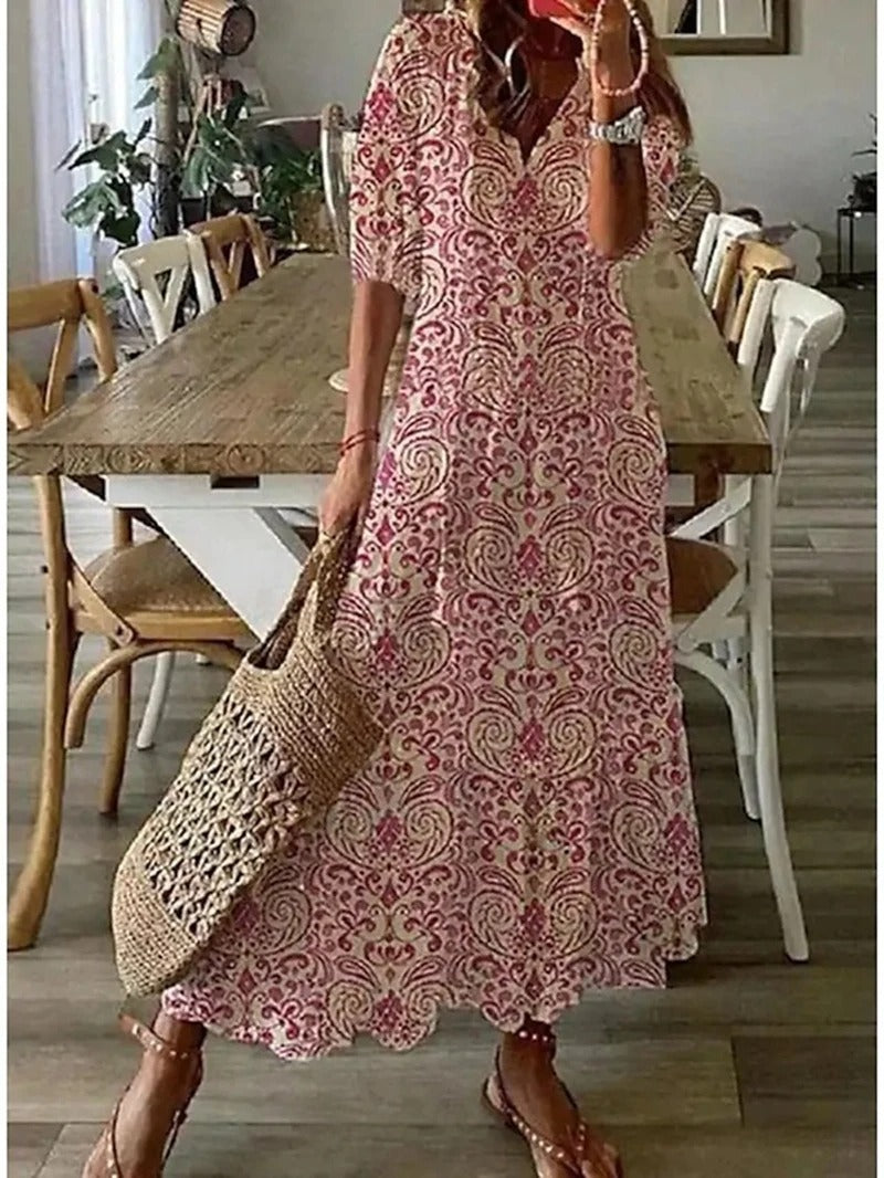Women's Short Sleeve V-Neck Bohemian Maxi Summer Dress
