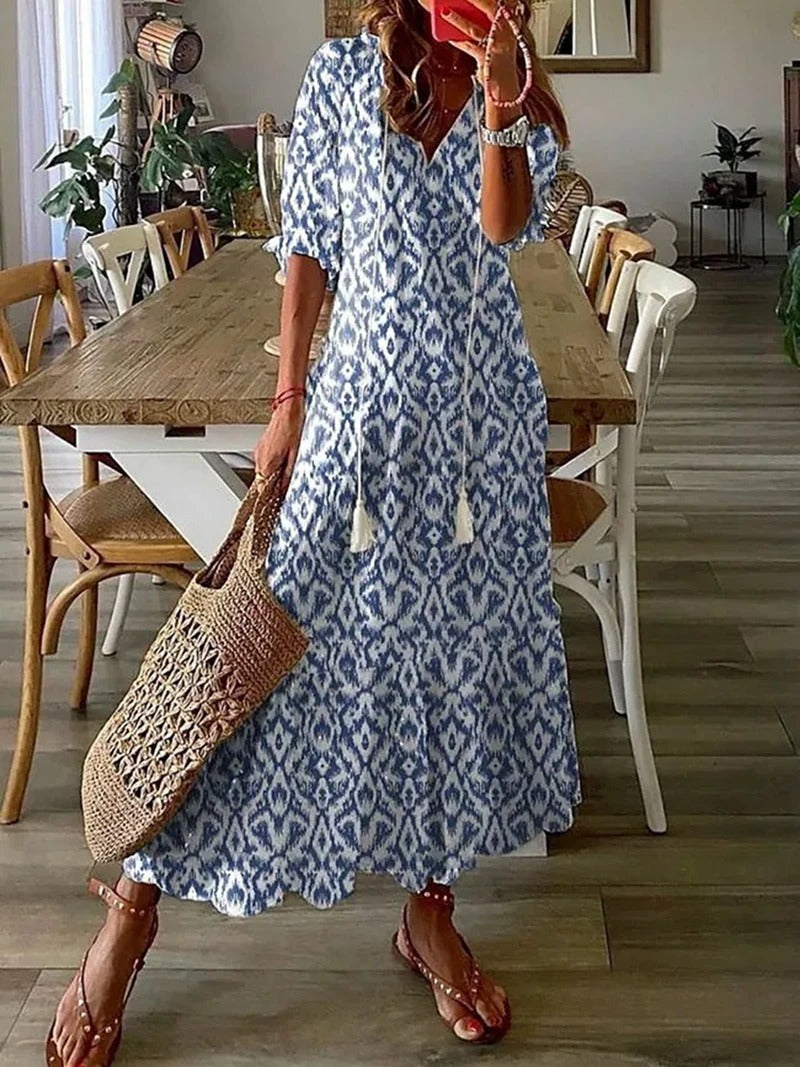 Women's Short Sleeve V-Neck Bohemian Maxi Summer Dress