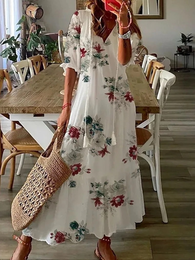 Women's Short Sleeve V-Neck Bohemian Maxi Summer Dress