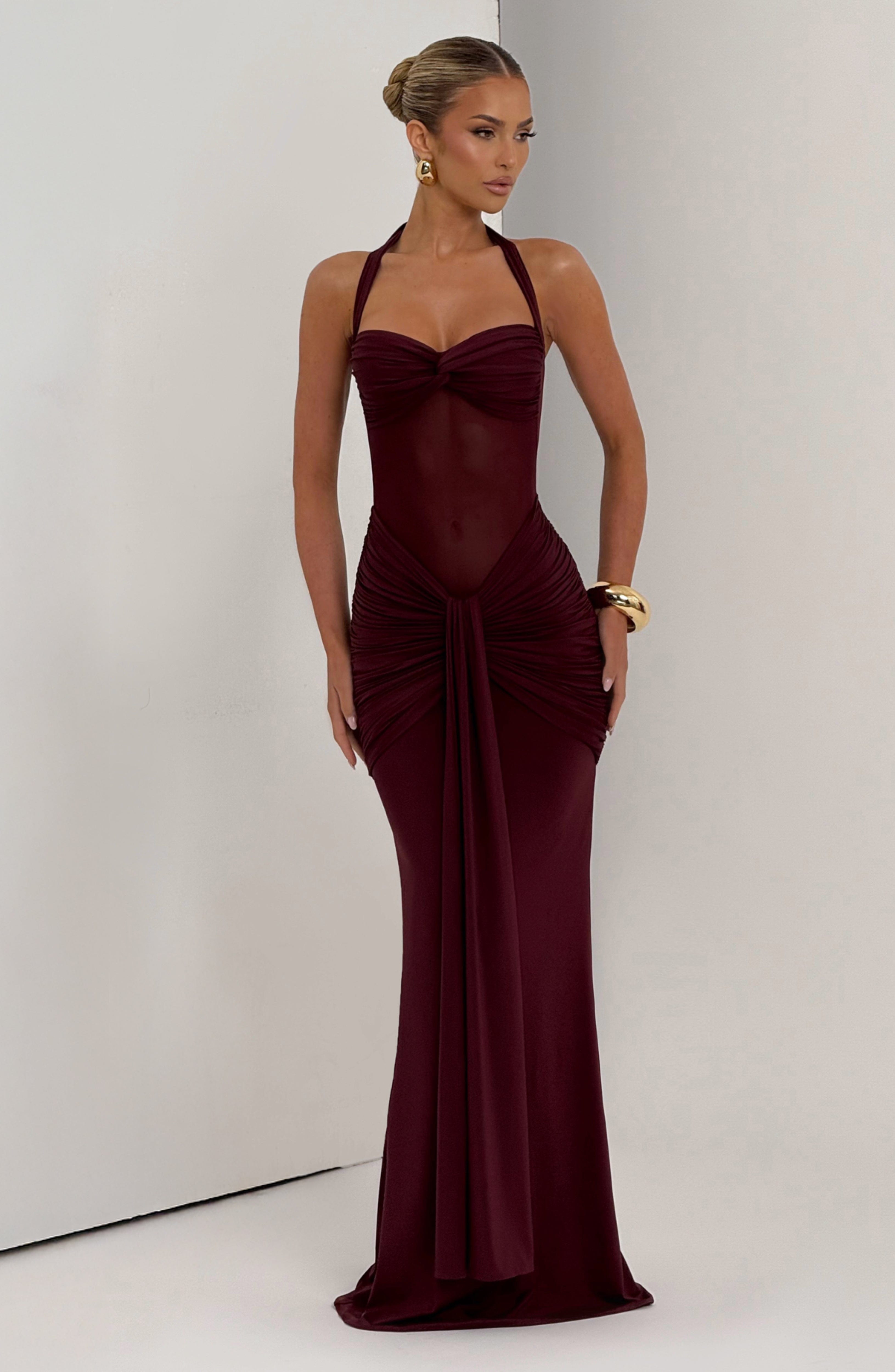 Burgundy Maxi Dress with Halter Neck for Women - Selvaggia