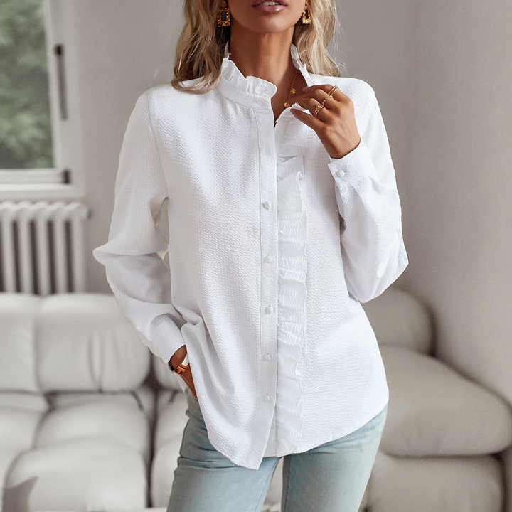Ruffled Trim Button-Up Blouse for Women | Long Sleeve