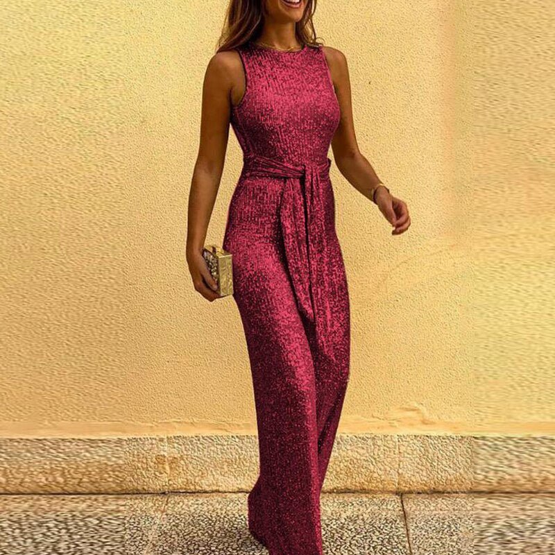 Women's Sleeveless Jumpsuit with Tie Belt for Parties