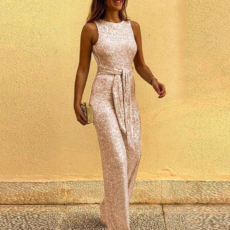 Women's Sleeveless Jumpsuit with Tie Belt for Parties