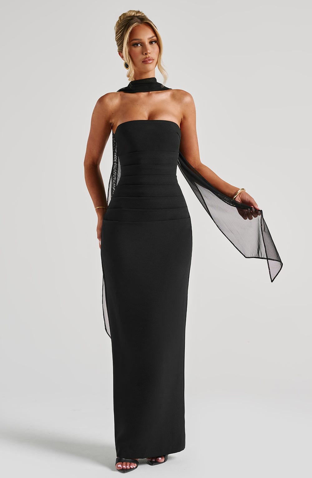 Black Strapless Maxi Dress with Scarf Detail for Women - Carla