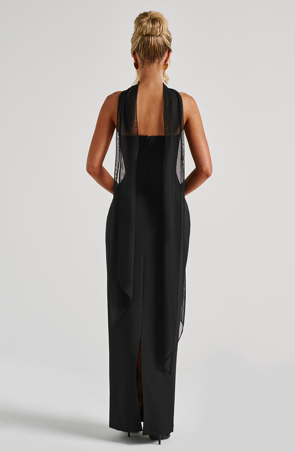 Black Strapless Maxi Dress with Scarf Detail for Women - Carla