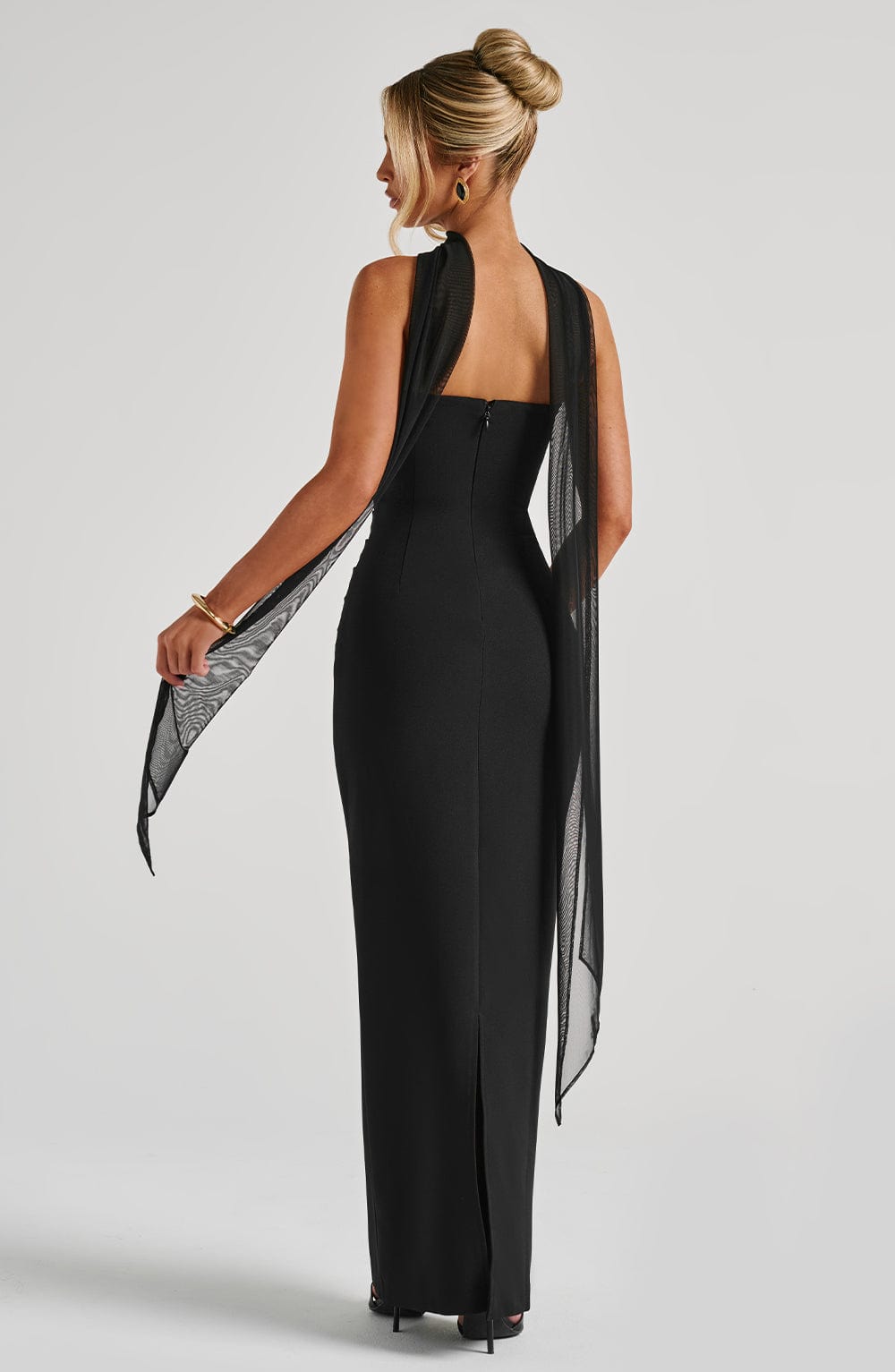 Black Strapless Maxi Dress with Scarf Detail for Women - Carla