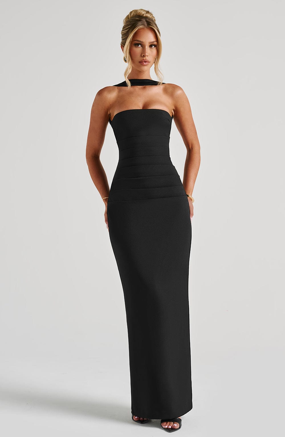 Black Strapless Maxi Dress with Scarf Detail for Women - Carla