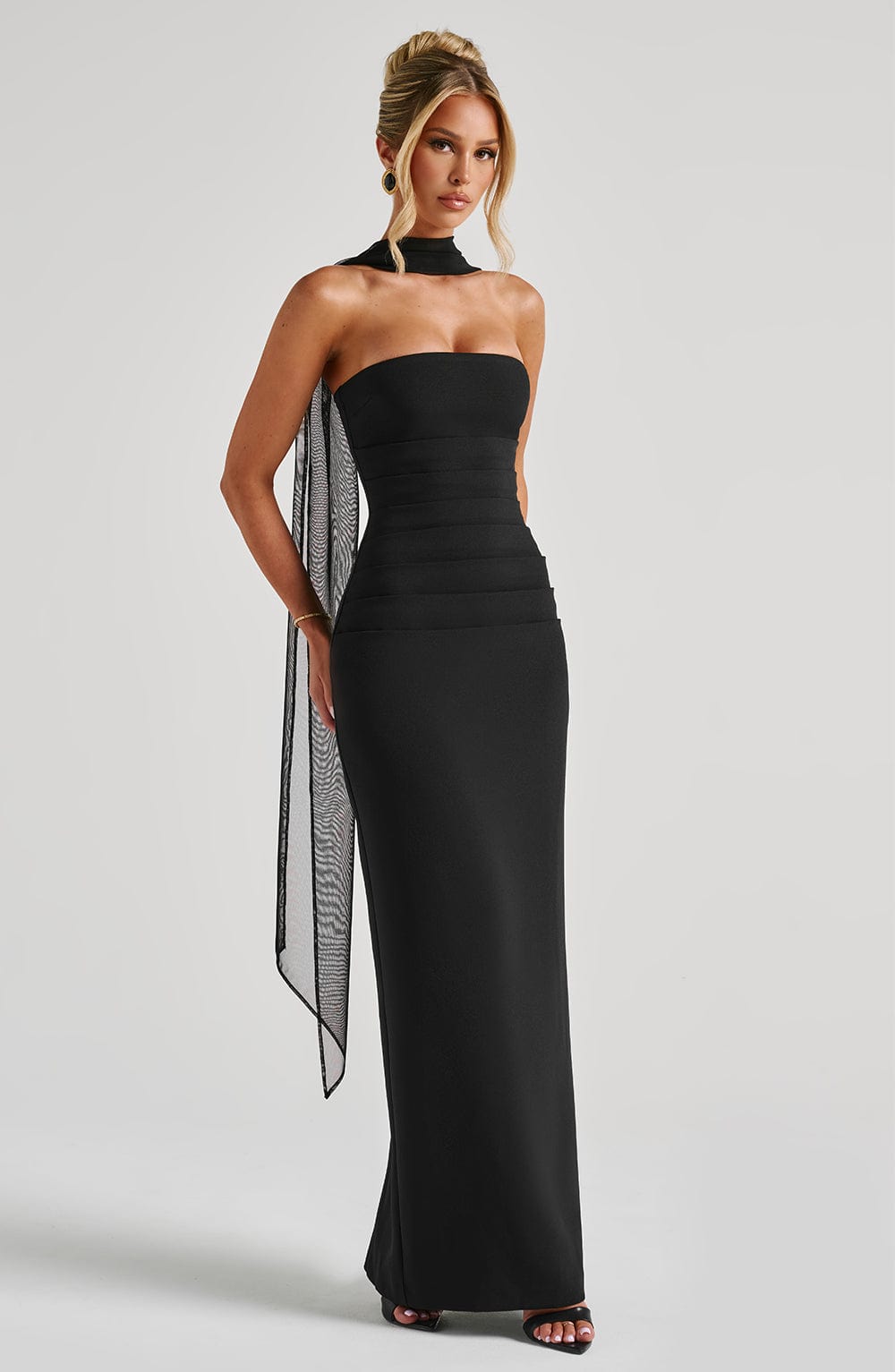 Black Strapless Maxi Dress with Scarf Detail for Women - Carla