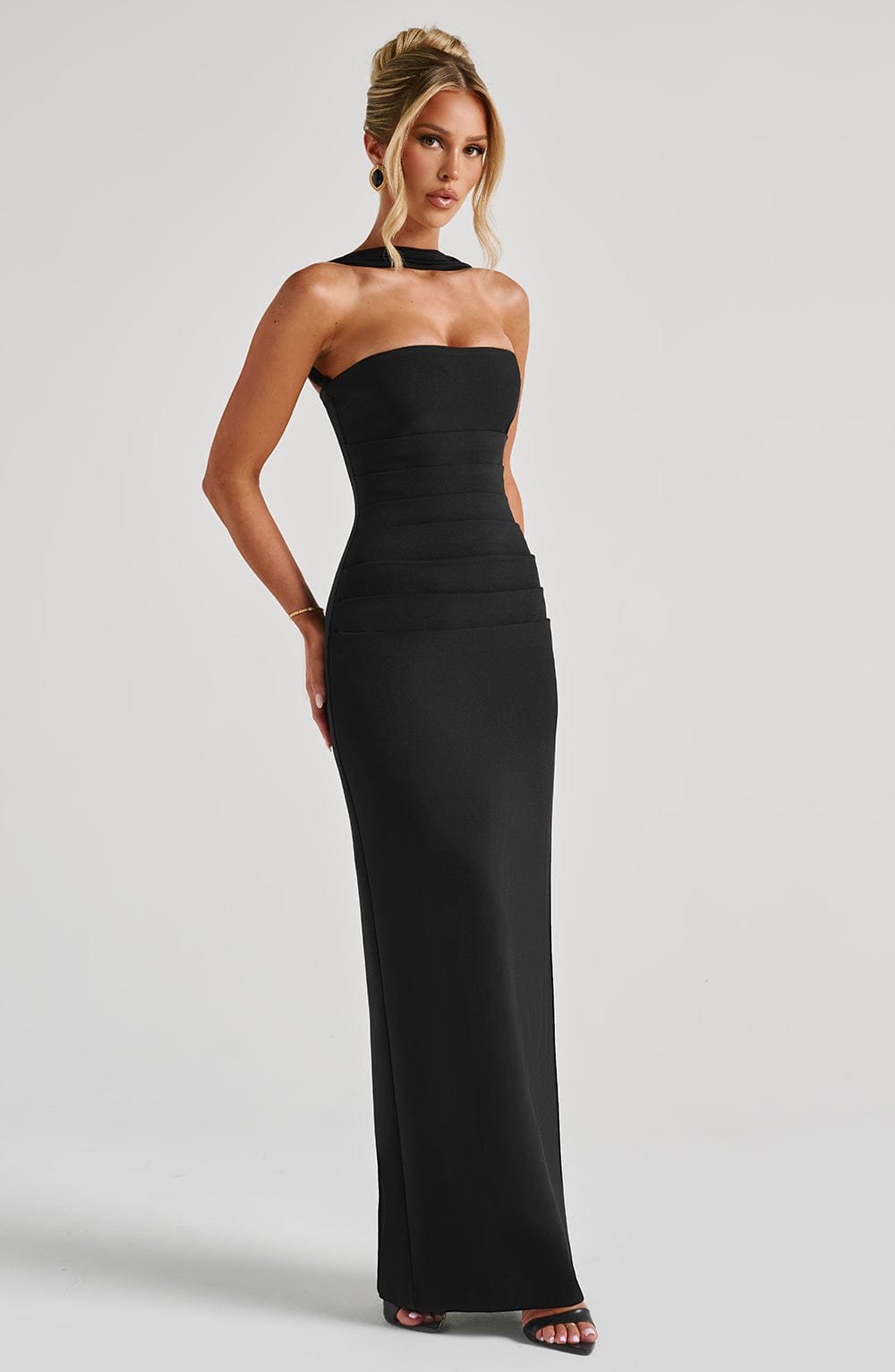 Black Strapless Maxi Dress with Scarf Detail for Women - Carla