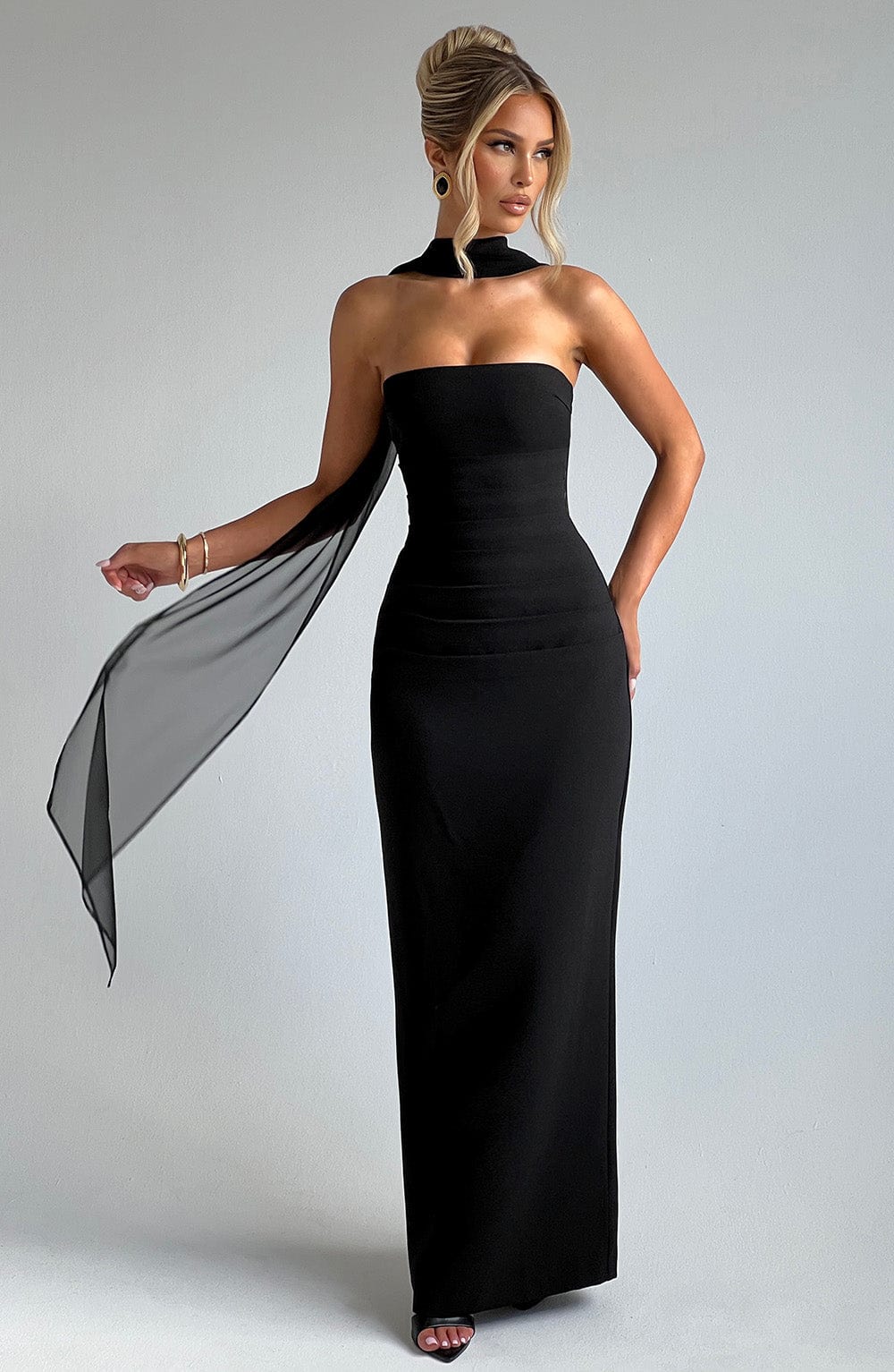 Black Strapless Maxi Dress with Scarf Detail for Women - Carla