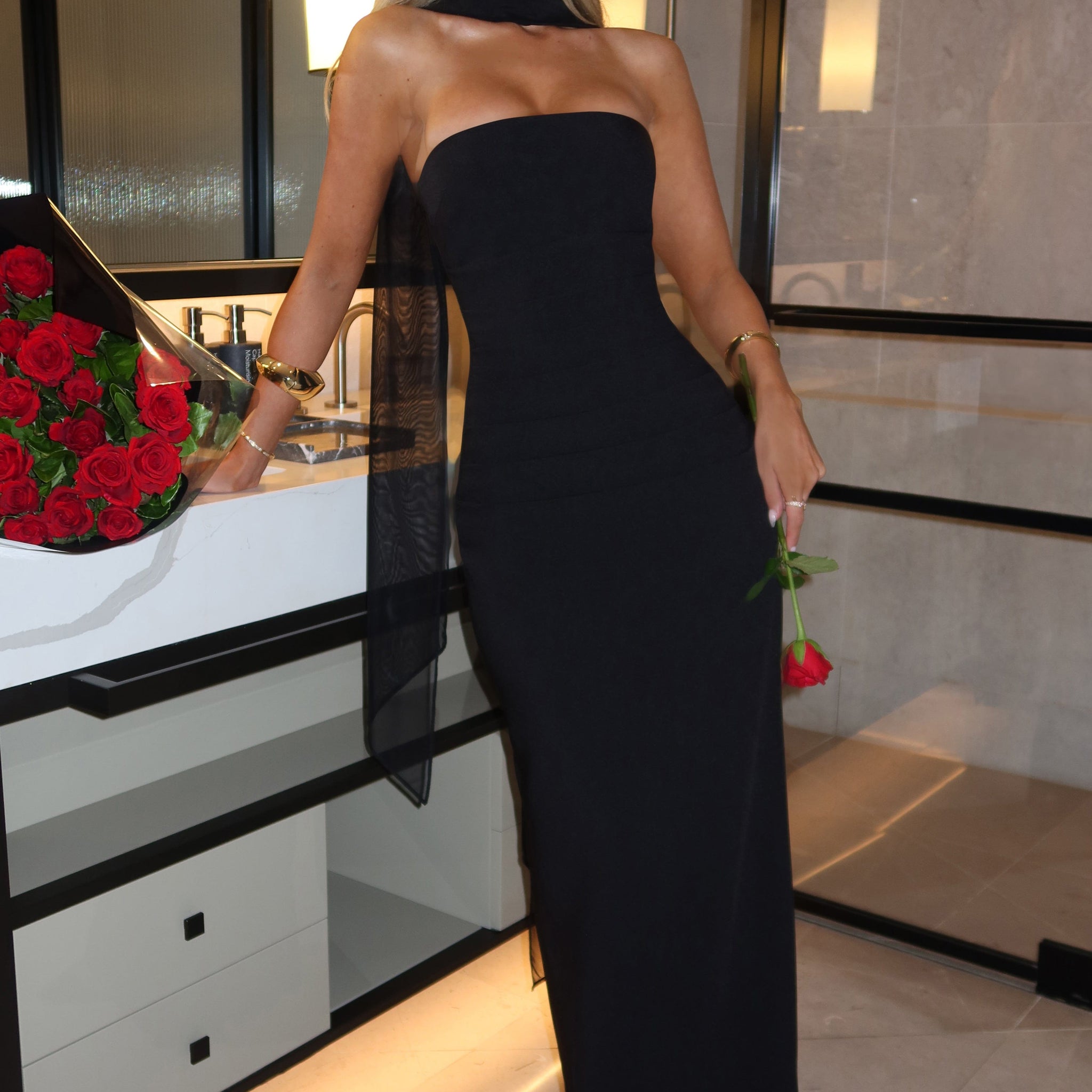 Black Strapless Maxi Dress with Scarf Detail for Women - Carla